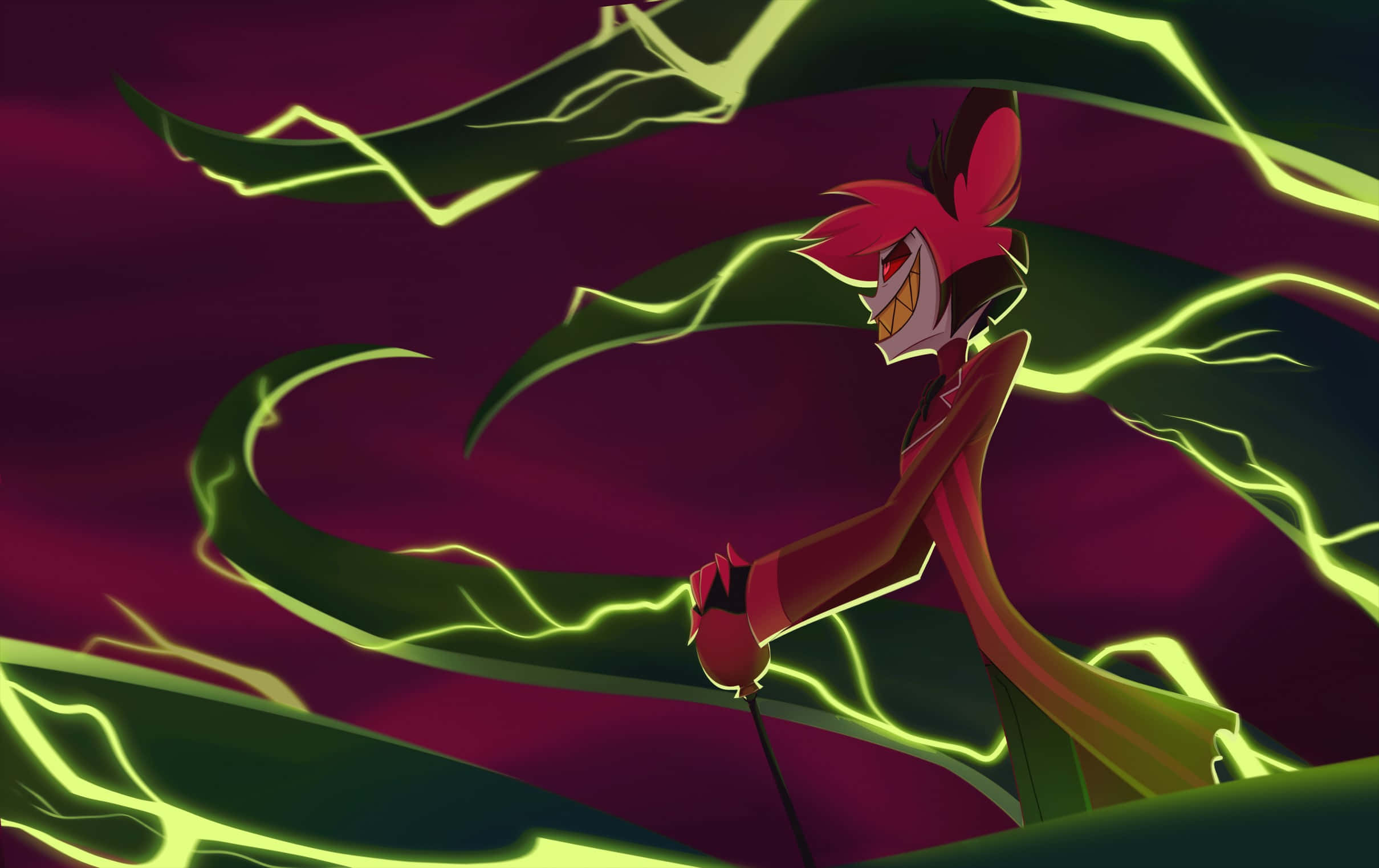 Alastor, Hazbin Hotel, glowing green energy tendrils, Full HD Desktop Wallpaper