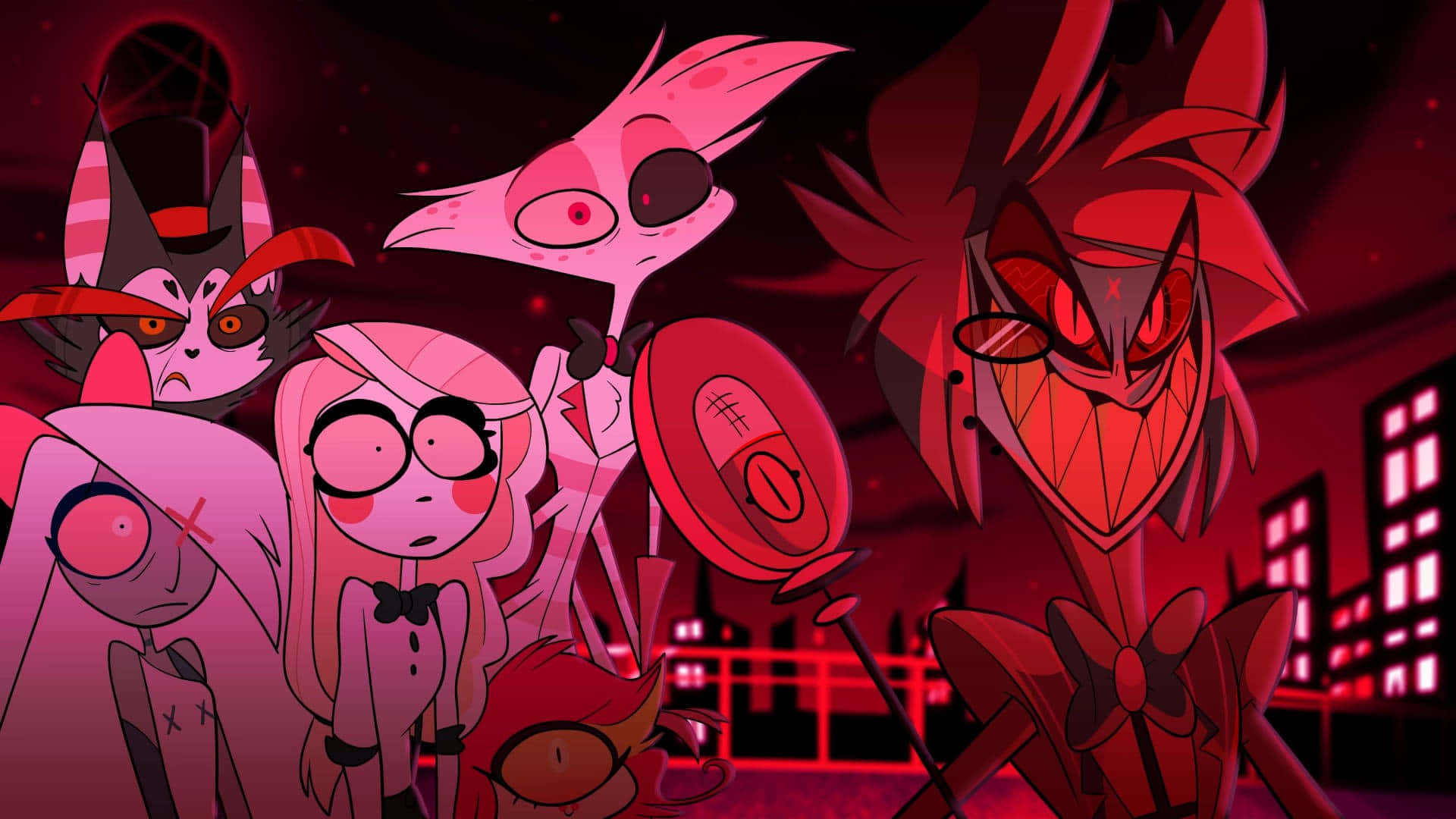 Hazbin Hotel, main characters, red glowing eyes, Full HD Desktop Wallpaper