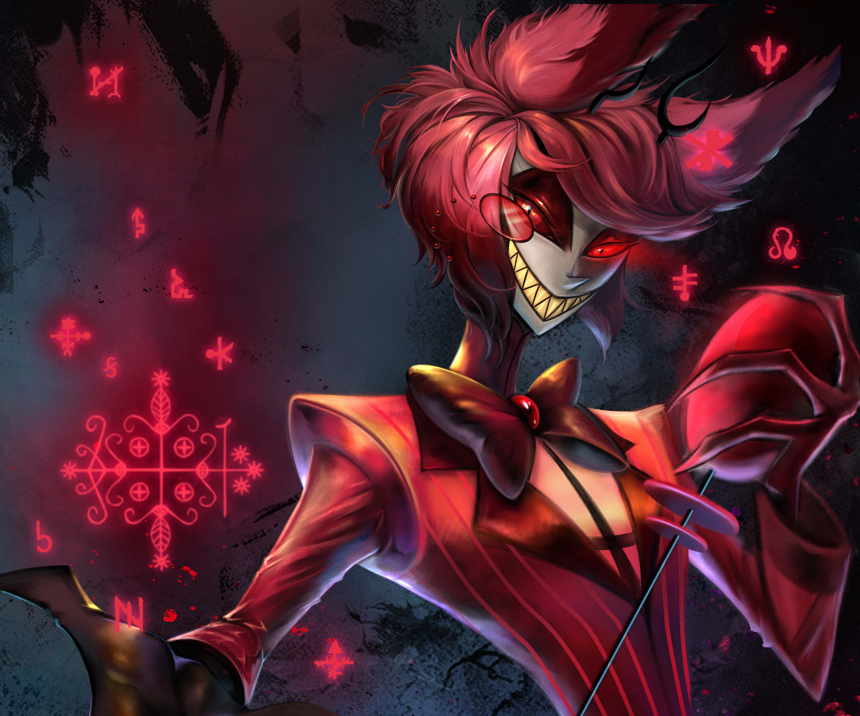Alastor, red hair, glowing eyes, 2K Desktop Wallpaper