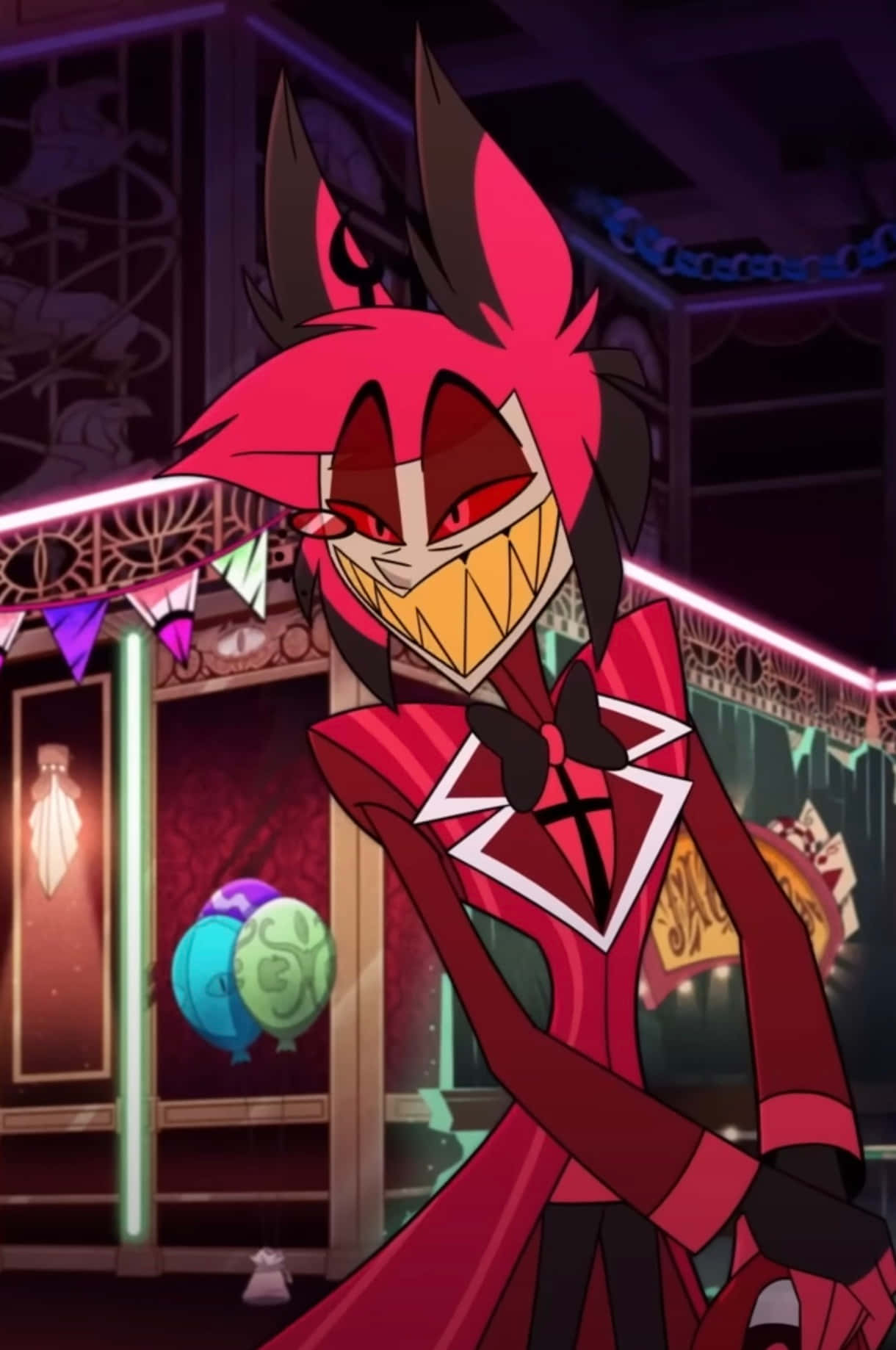 Alastor, neon-lit club, red hair, HD Phone Wallpaper
