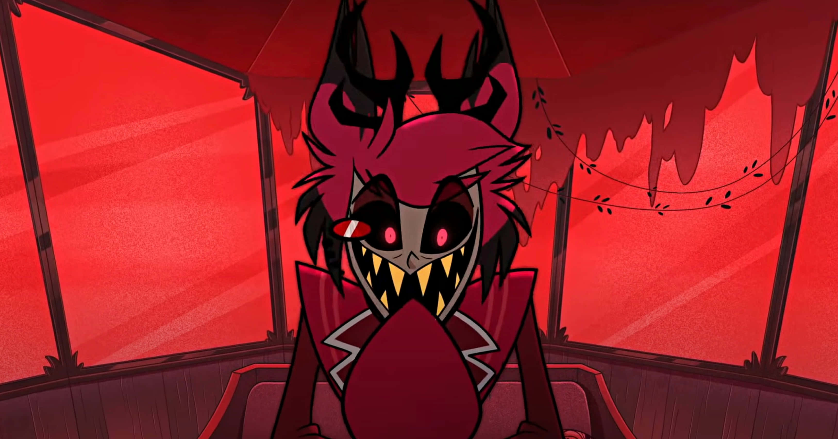 Alastor, red-haired, glowing eyes, 2K Desktop Wallpaper