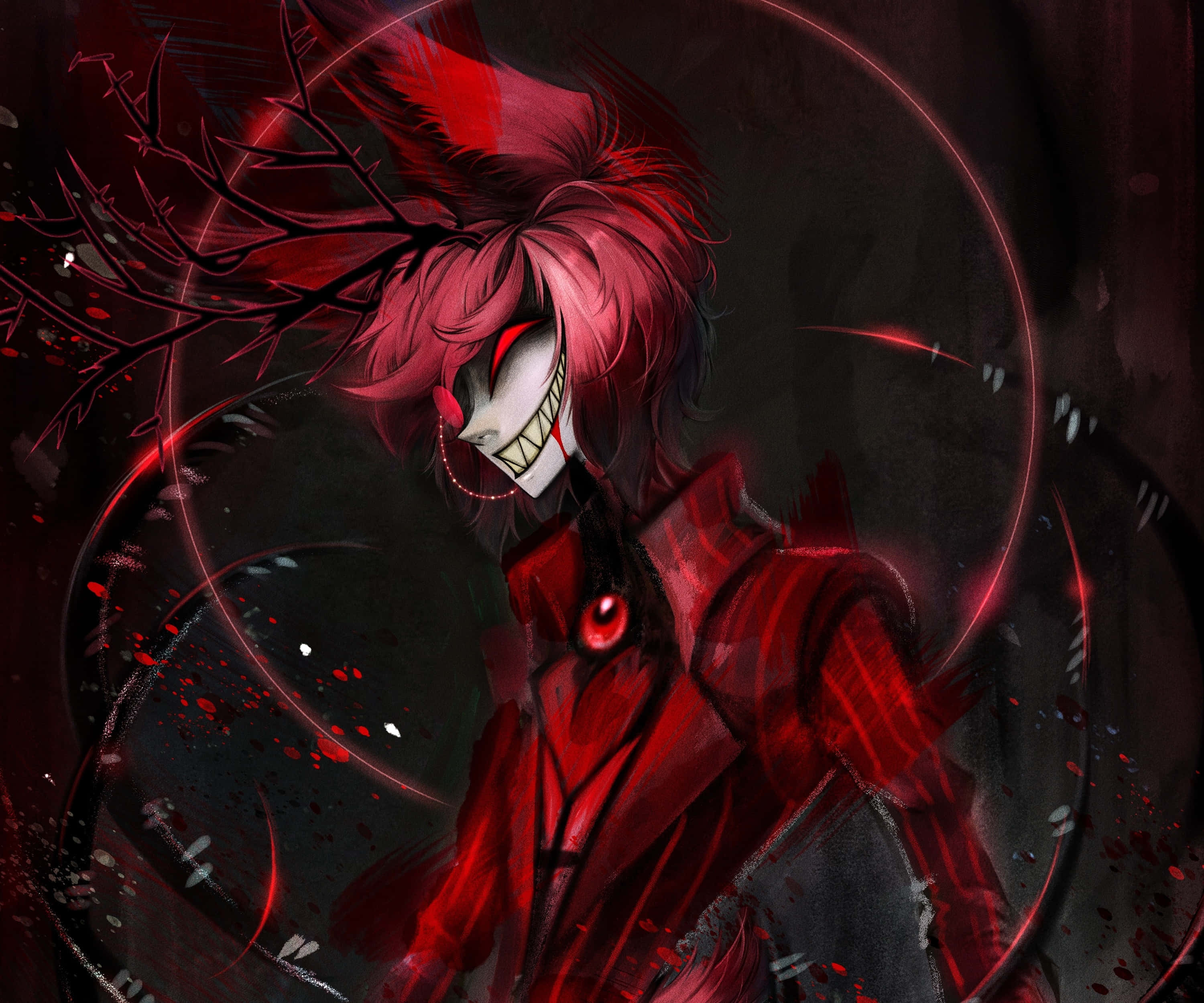 Alastor, red hair, glowing eyes, 2K Desktop Wallpaper