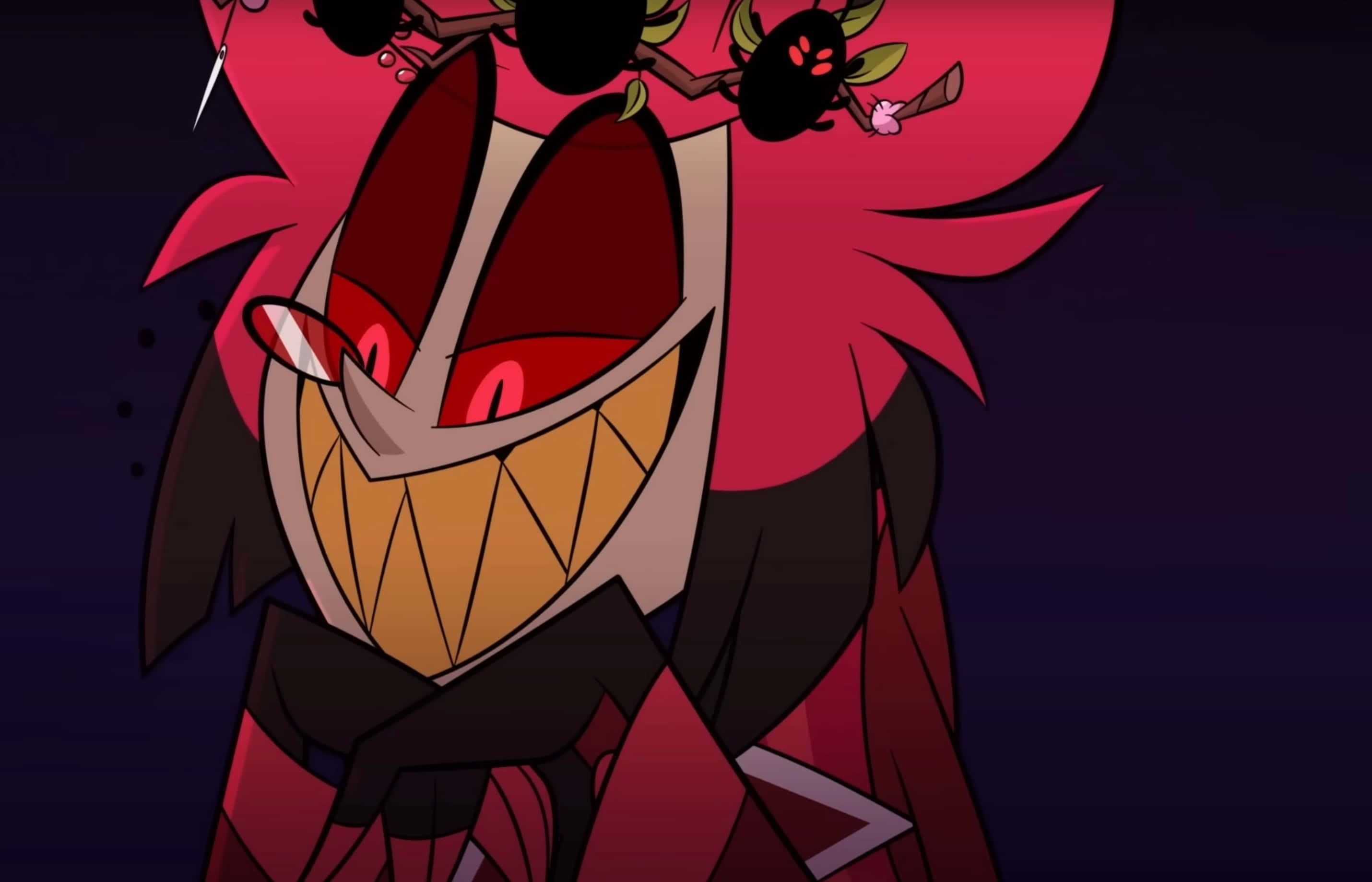 Alastor, red hair, sharp teeth, 2K Desktop Wallpaper
