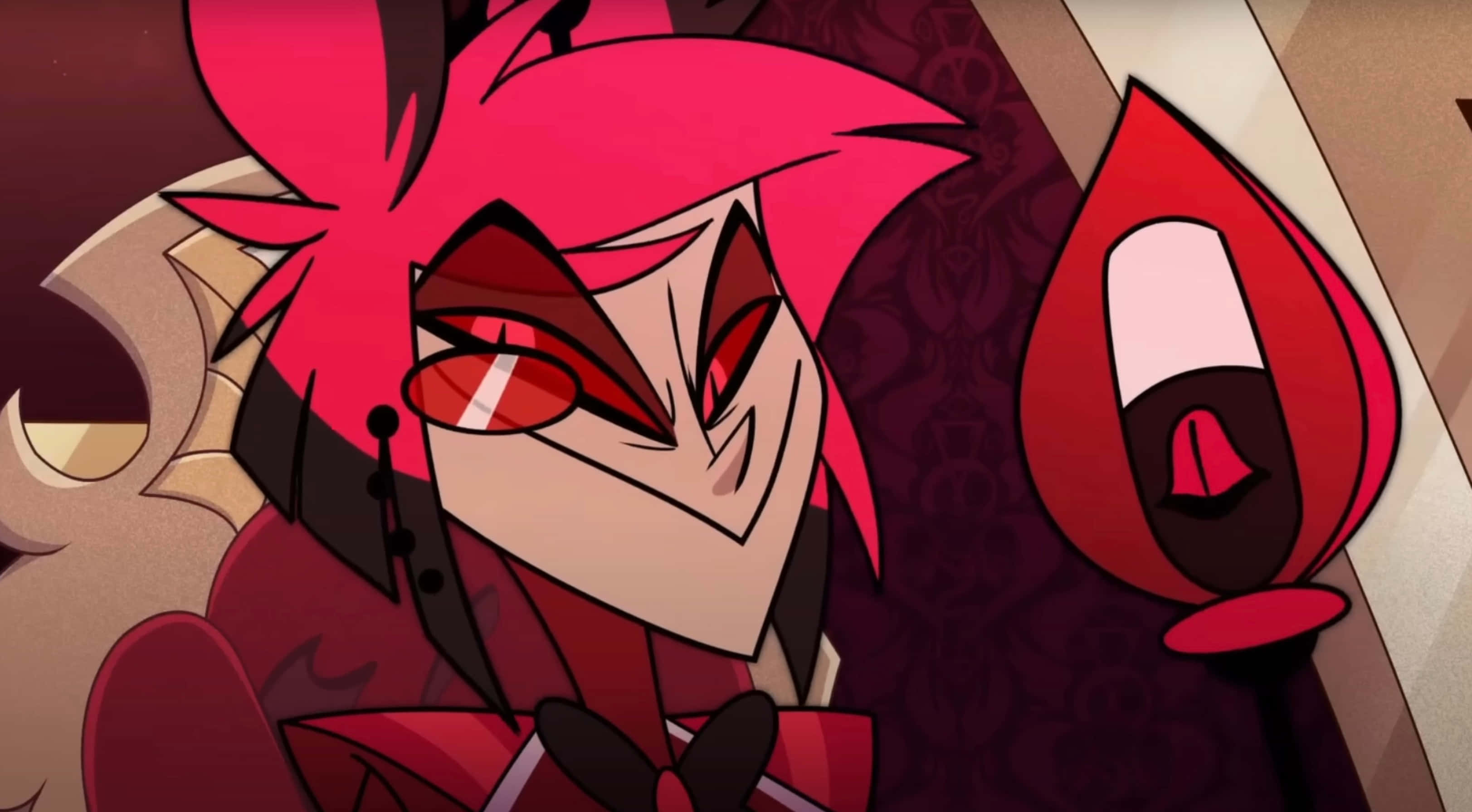 Alastor, spiky pink hair, red eyes, 2K Desktop Wallpaper