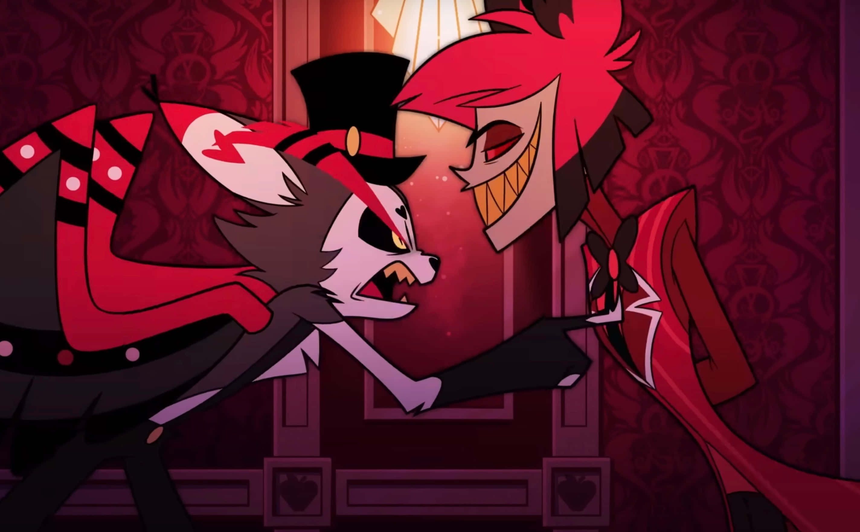 Alastor, red and black outfits, dimly lit ornate room, 2K Desktop Wallpaper