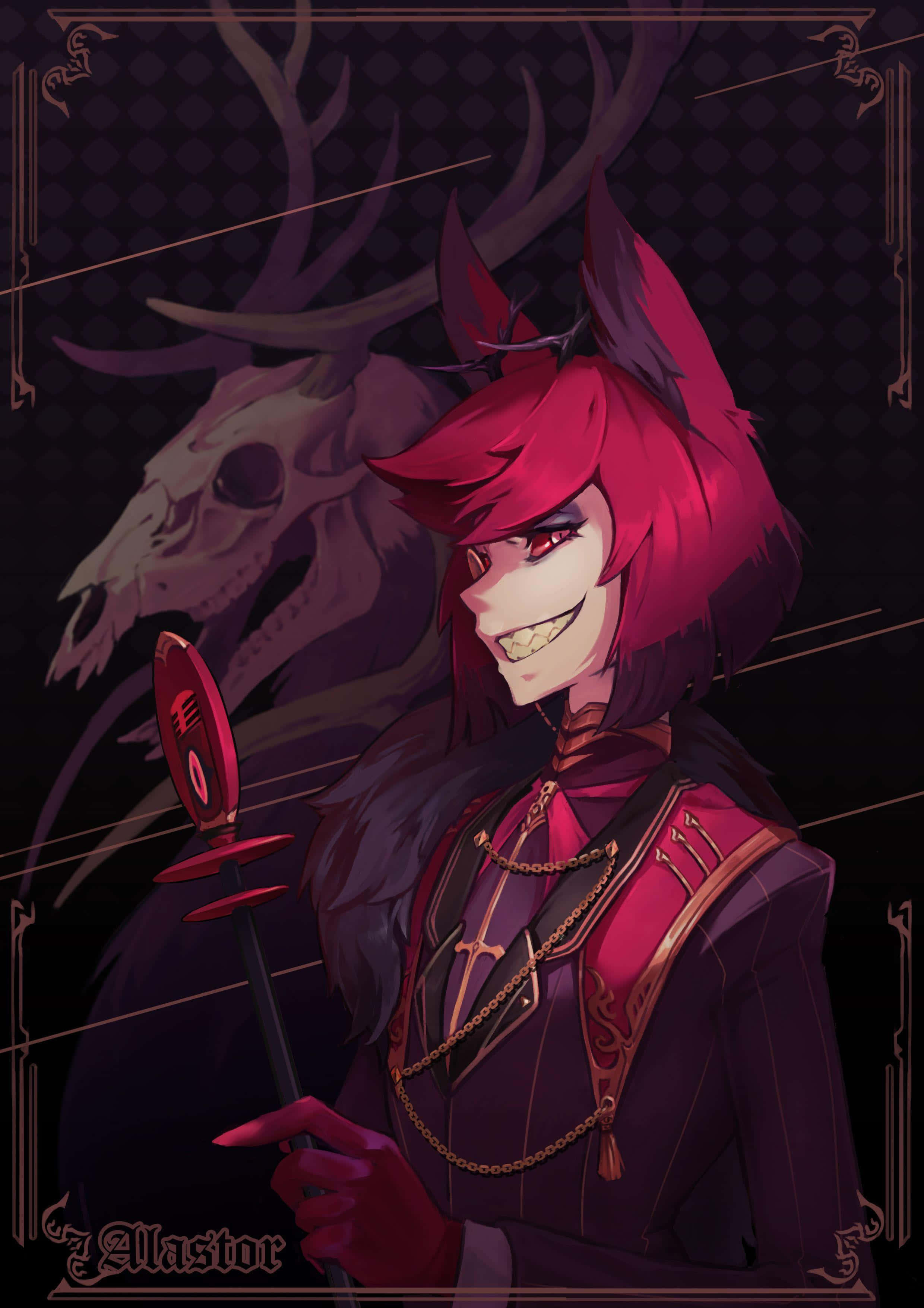 Alastor, red-haired anime character, deer horns, 2K Phone Wallpaper