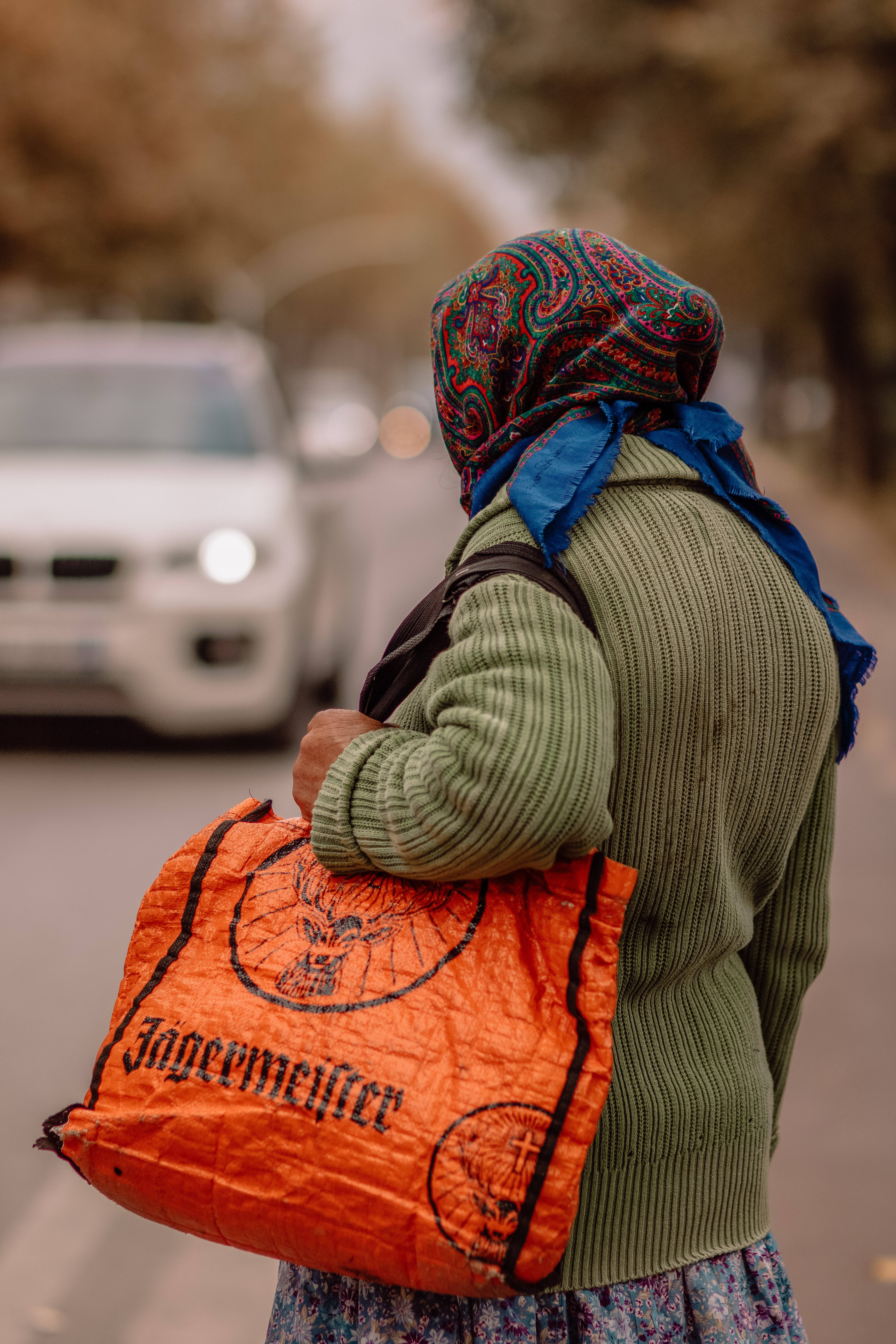 Albania, colorful headscarf, green sweater, 5K Phone Wallpaper