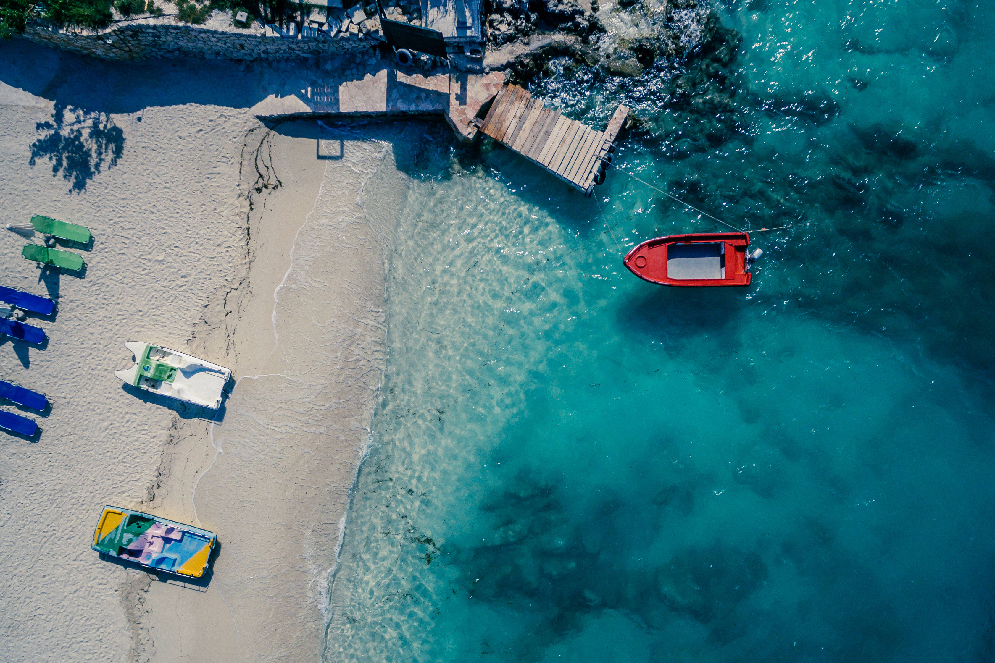 Albania, beach, red boat, 2K Desktop Wallpaper