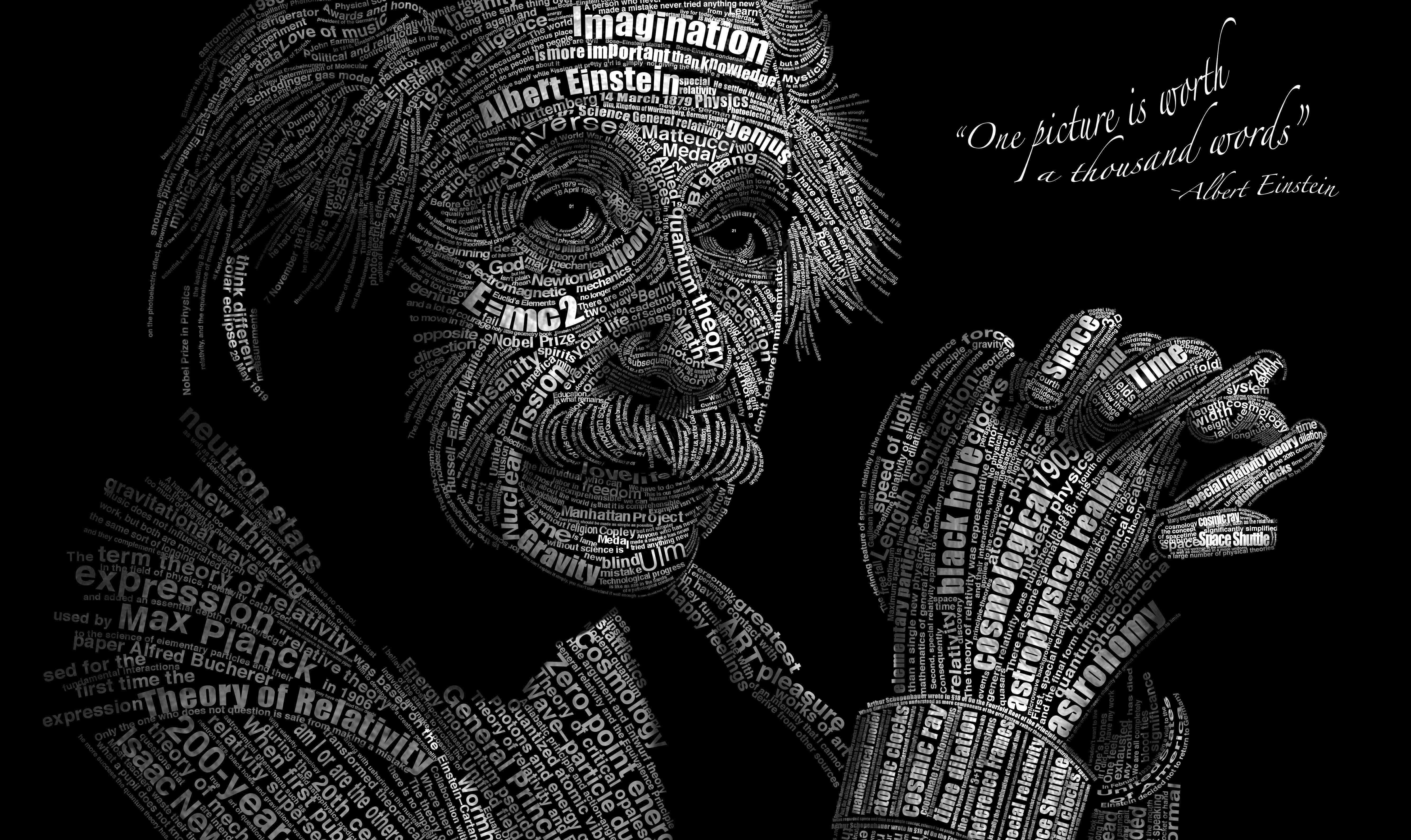 Albert Einstein, word art portrait, physics terms, 5K Desktop Wallpaper