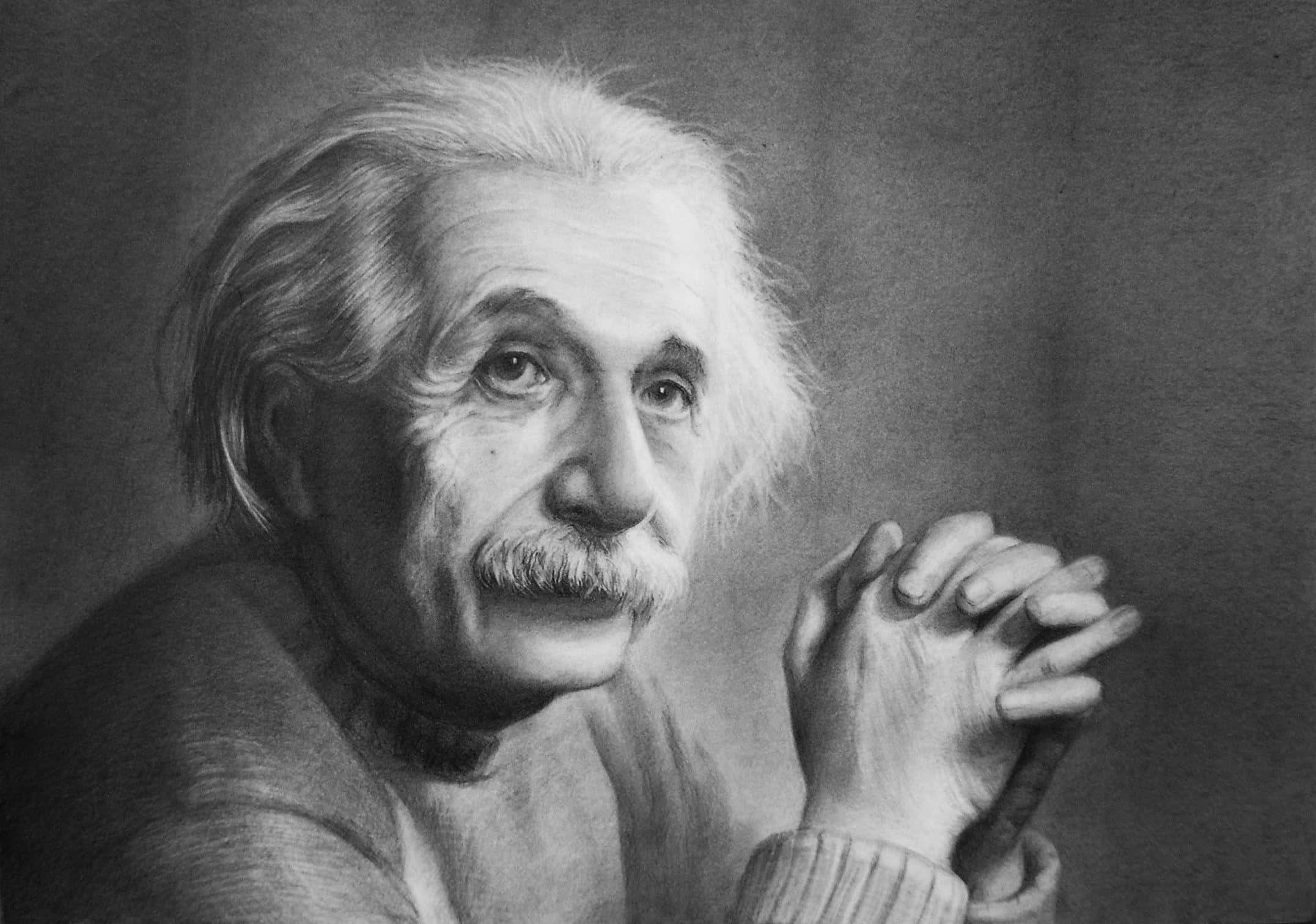 Albert Einstein, charcoal portrait, hands clasped, Full HD Desktop Wallpaper