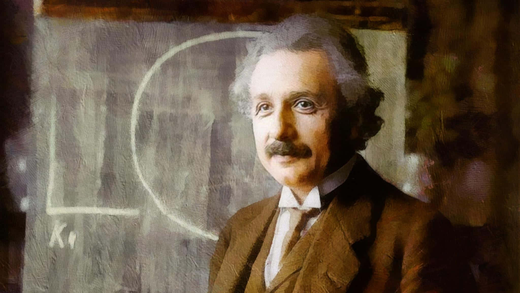 Albert Einstein, brown suit, chalkboard, Full HD Desktop Wallpaper