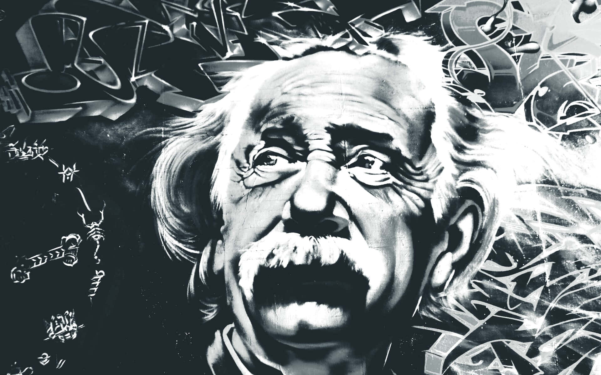 Albert Einstein, black and white graffiti mural, swirling abstract equations, Full HD Desktop Wallpaper