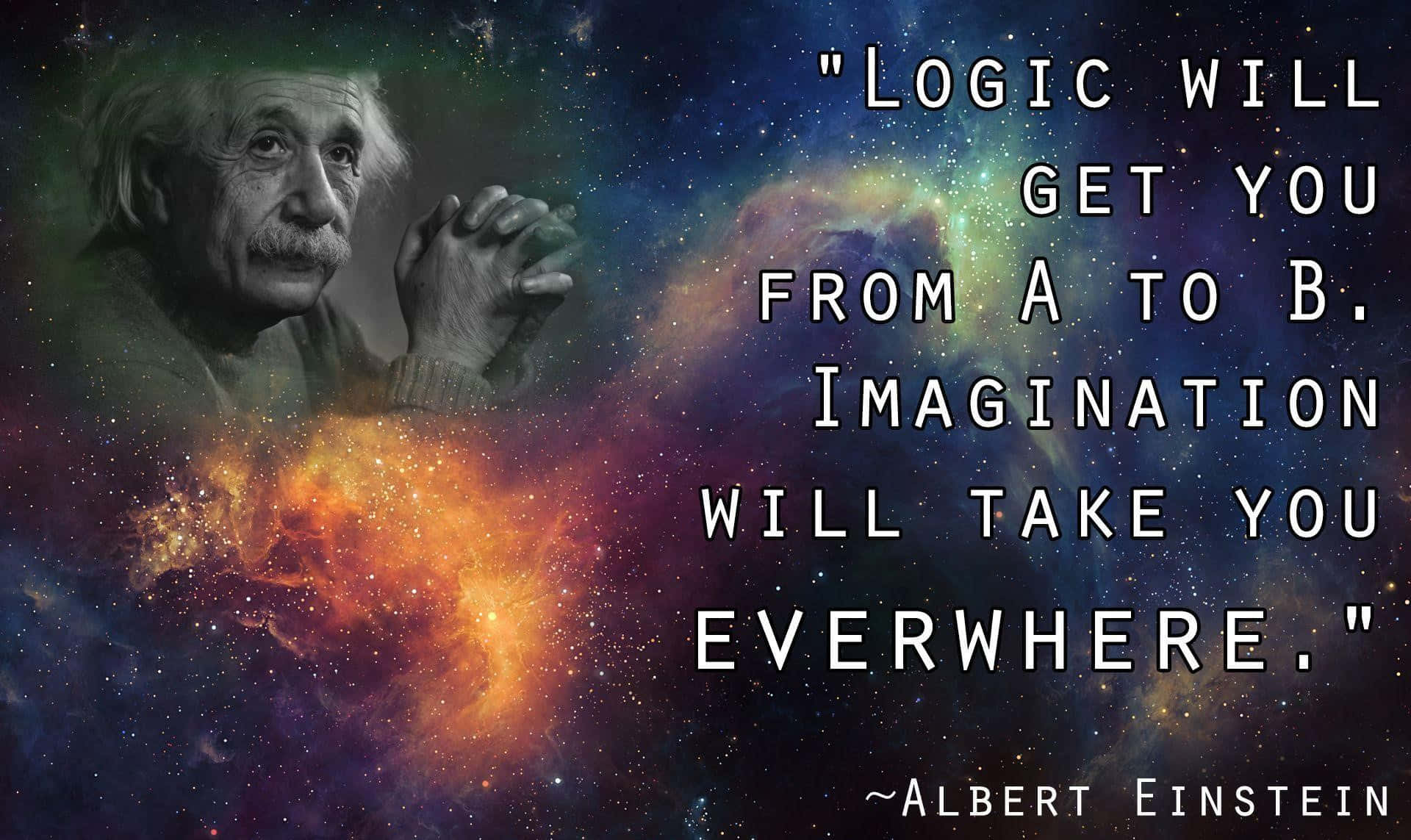 Albert Einstein, cosmic nebula, famous quote about logic and imagination, Full HD Desktop Wallpaper