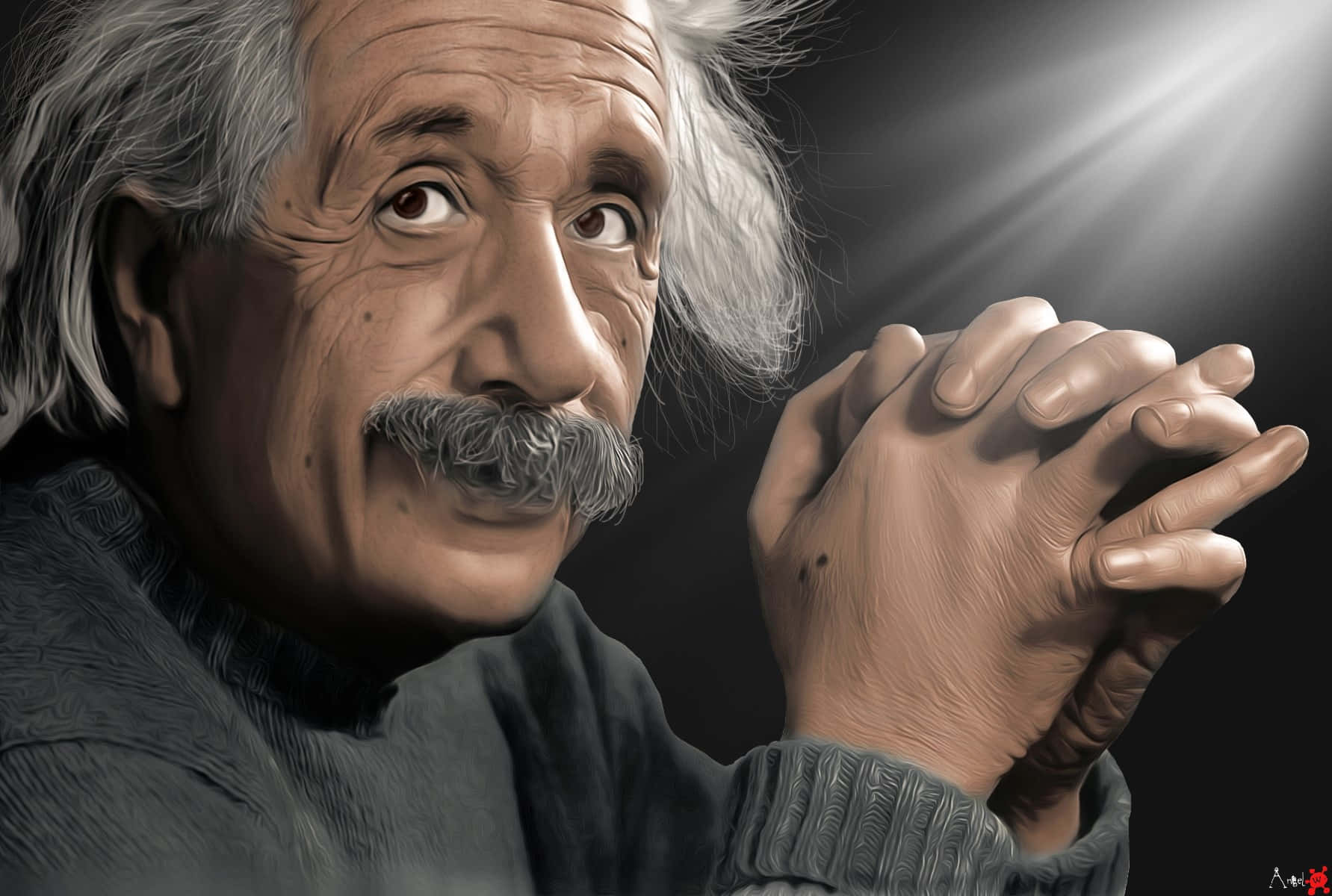 Albert Einstein, hands clasped, dramatic backlighting, HD Desktop Wallpaper
