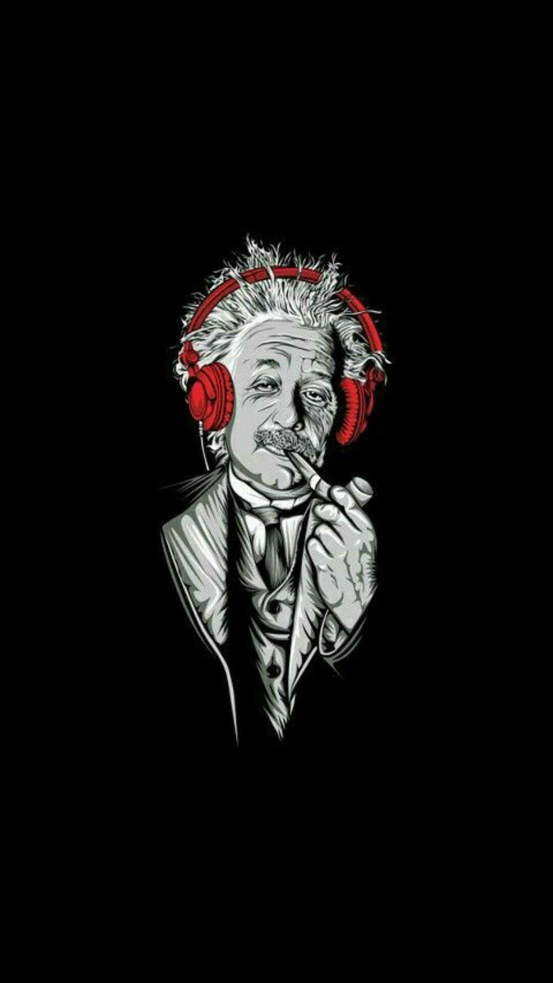 Albert Einstein, red headphones, pipe, Full HD Phone Wallpaper