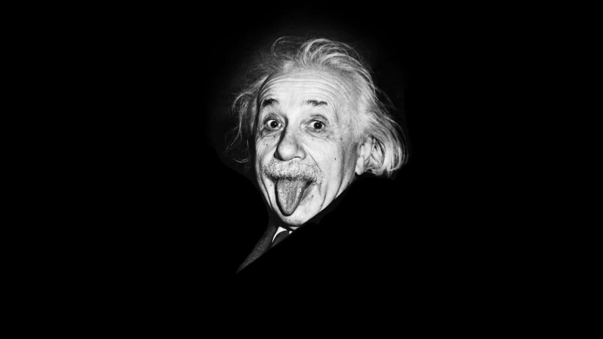Albert Einstein, black and white, playfully sticking out his tongue, Full HD Desktop Wallpaper