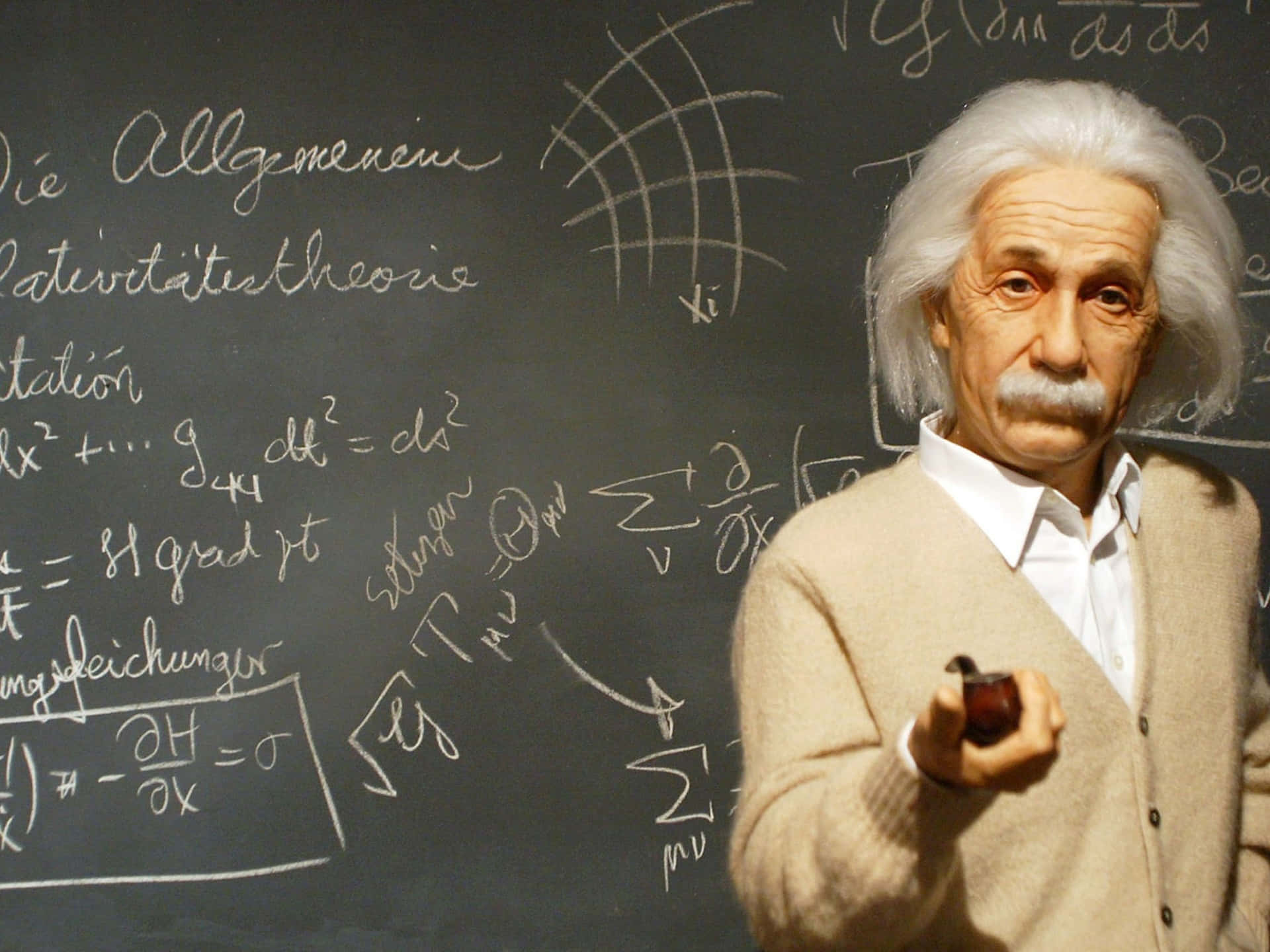 Albert Einstein, wax figure, chalkboard, Full HD Desktop Wallpaper
