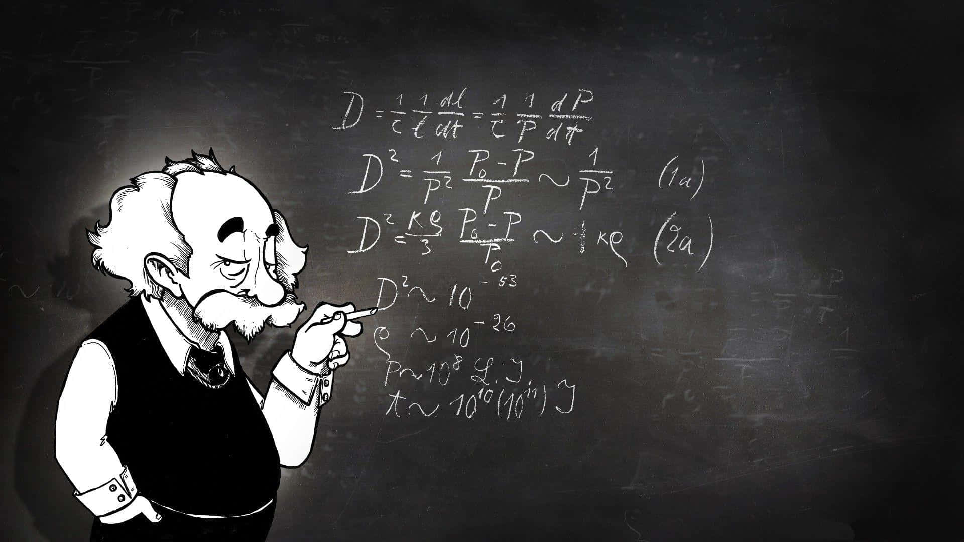 cartoon Einstein, dark chalkboard, complex physics equations, Full HD Desktop Wallpaper