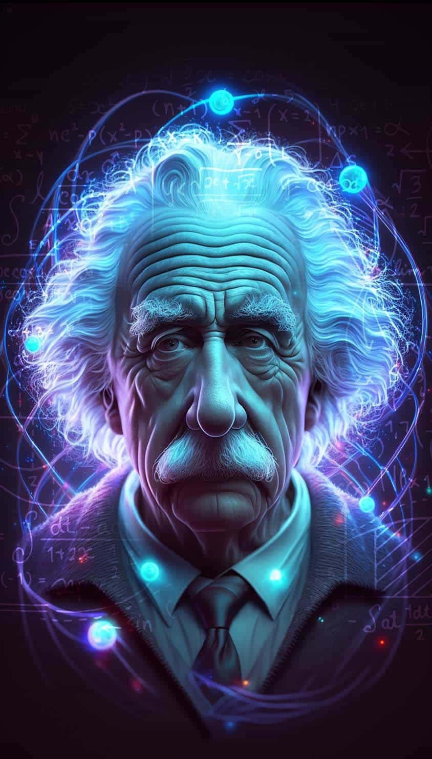 Albert Einstein, glowing portrait, floating equations, HD Phone Wallpaper