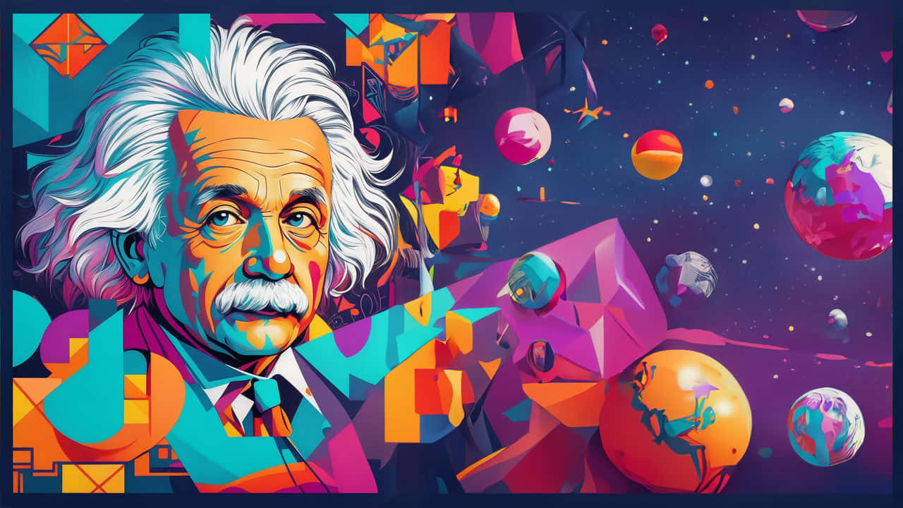 Albert Einstein, colorful geometric shapes, floating planets, HD Desktop Wallpaper