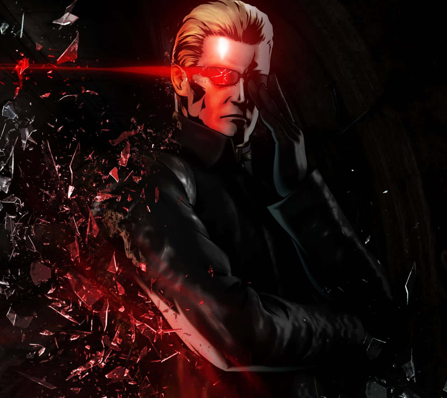 Albert Wesker, red glowing eyes, shattered glass, HD Desktop Wallpaper