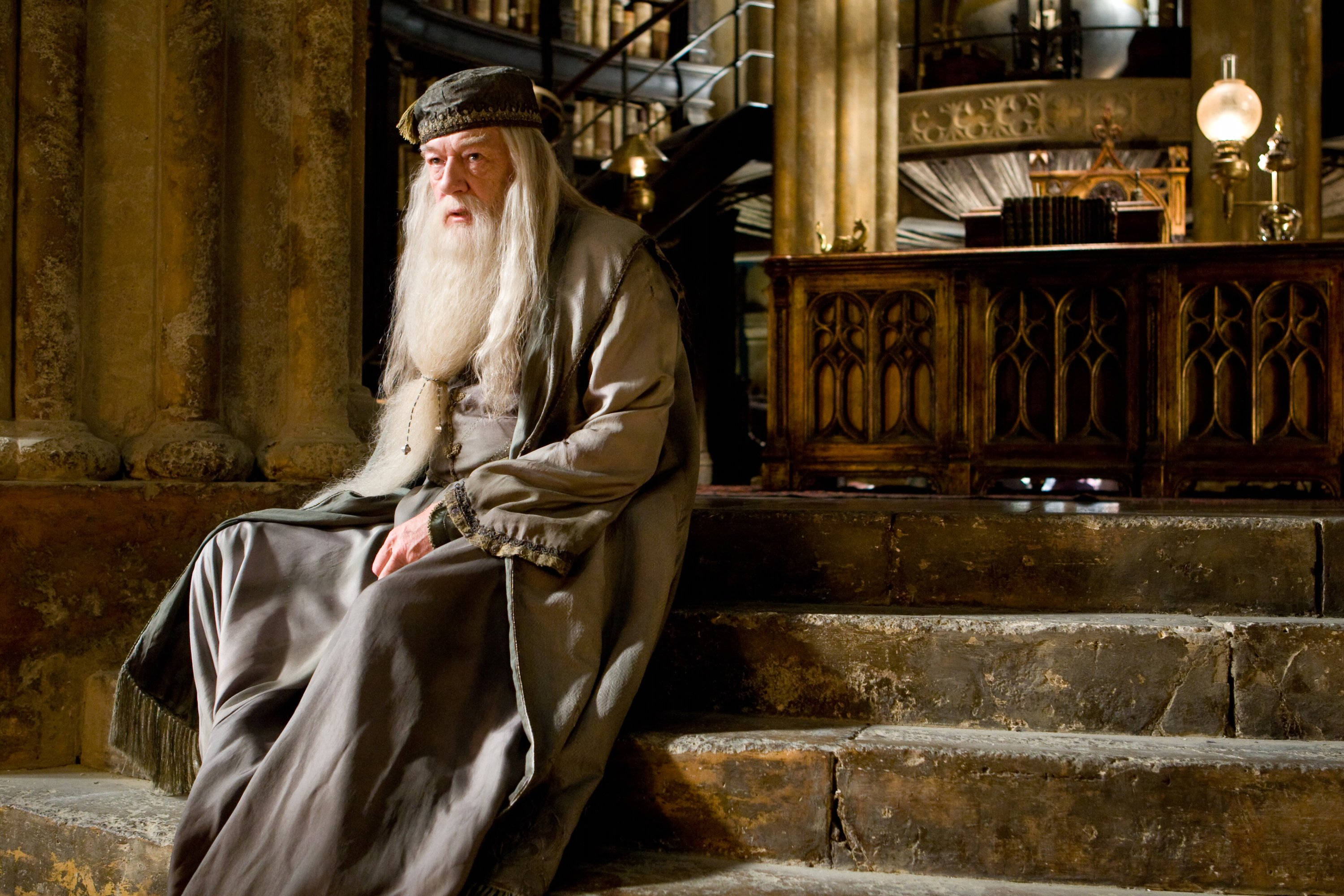 Albus Dumbledore, long white beard, ancient stone steps, 2K Desktop Wallpaper