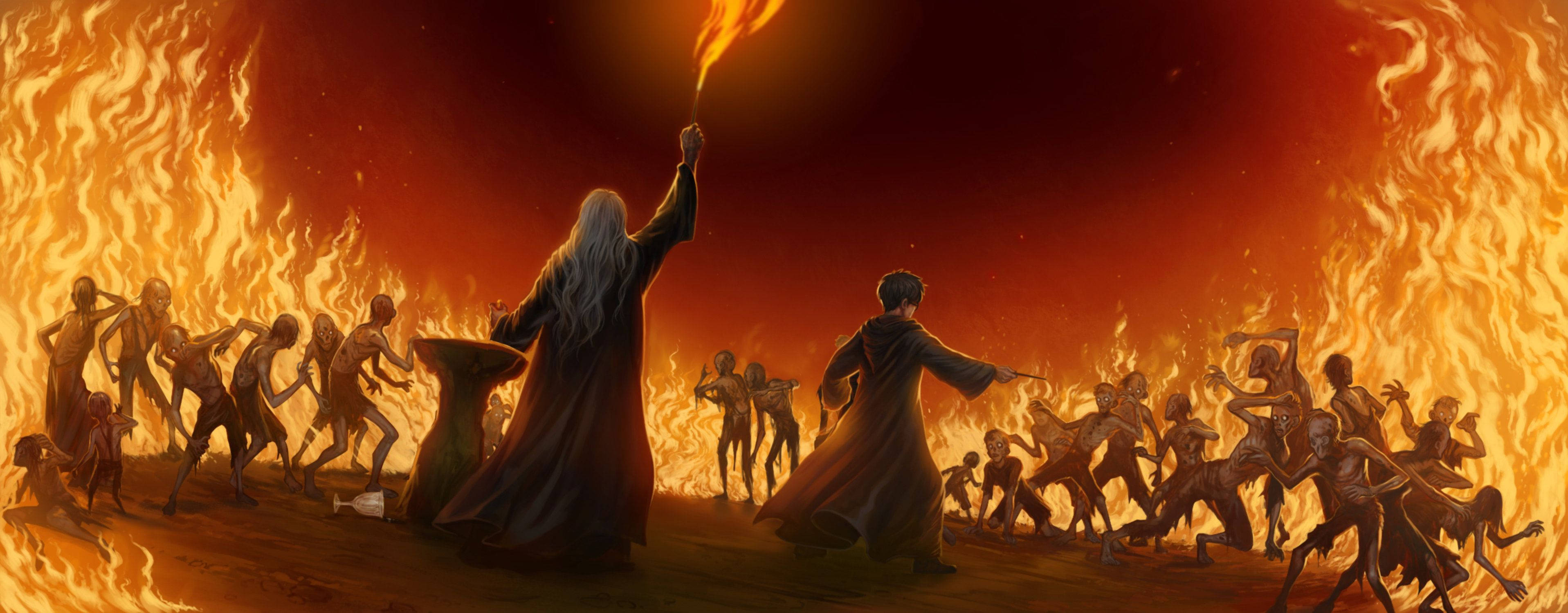 Albus Dumbledore, robed figures, roaring flames, 2K Desktop Wallpaper
