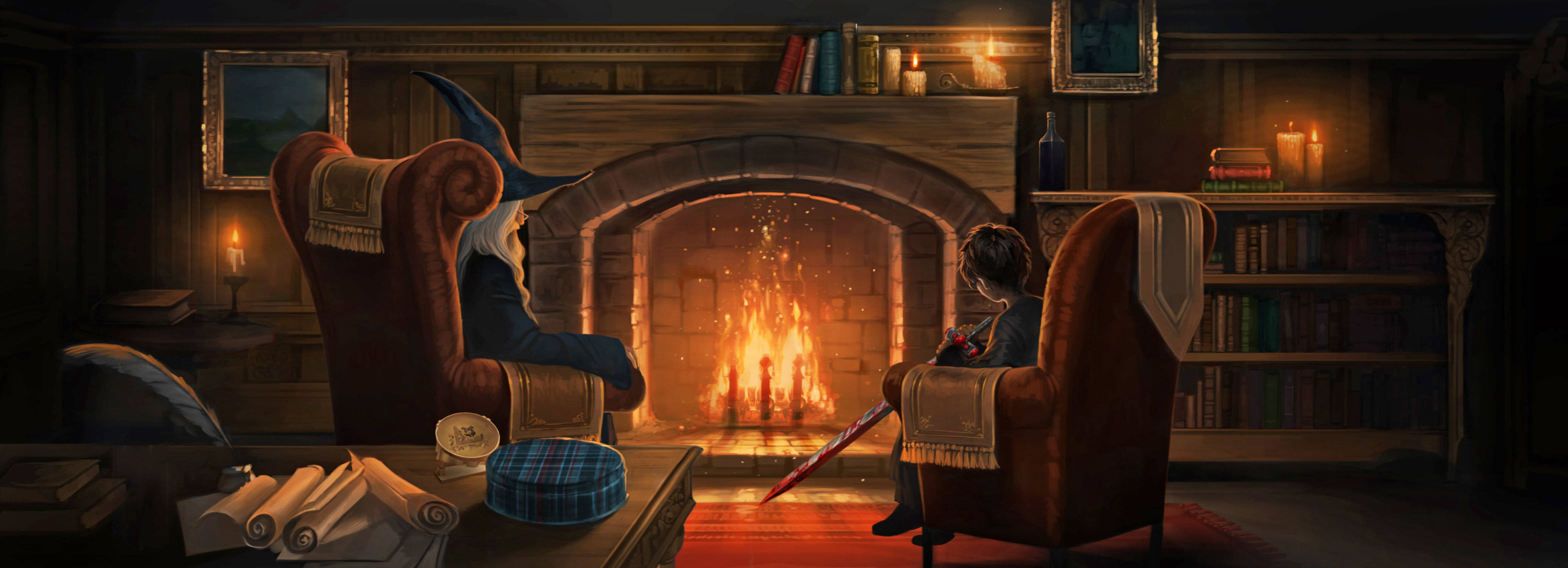 Albus Dumbledore, vector art, cozy library, 4K Desktop Wallpaper