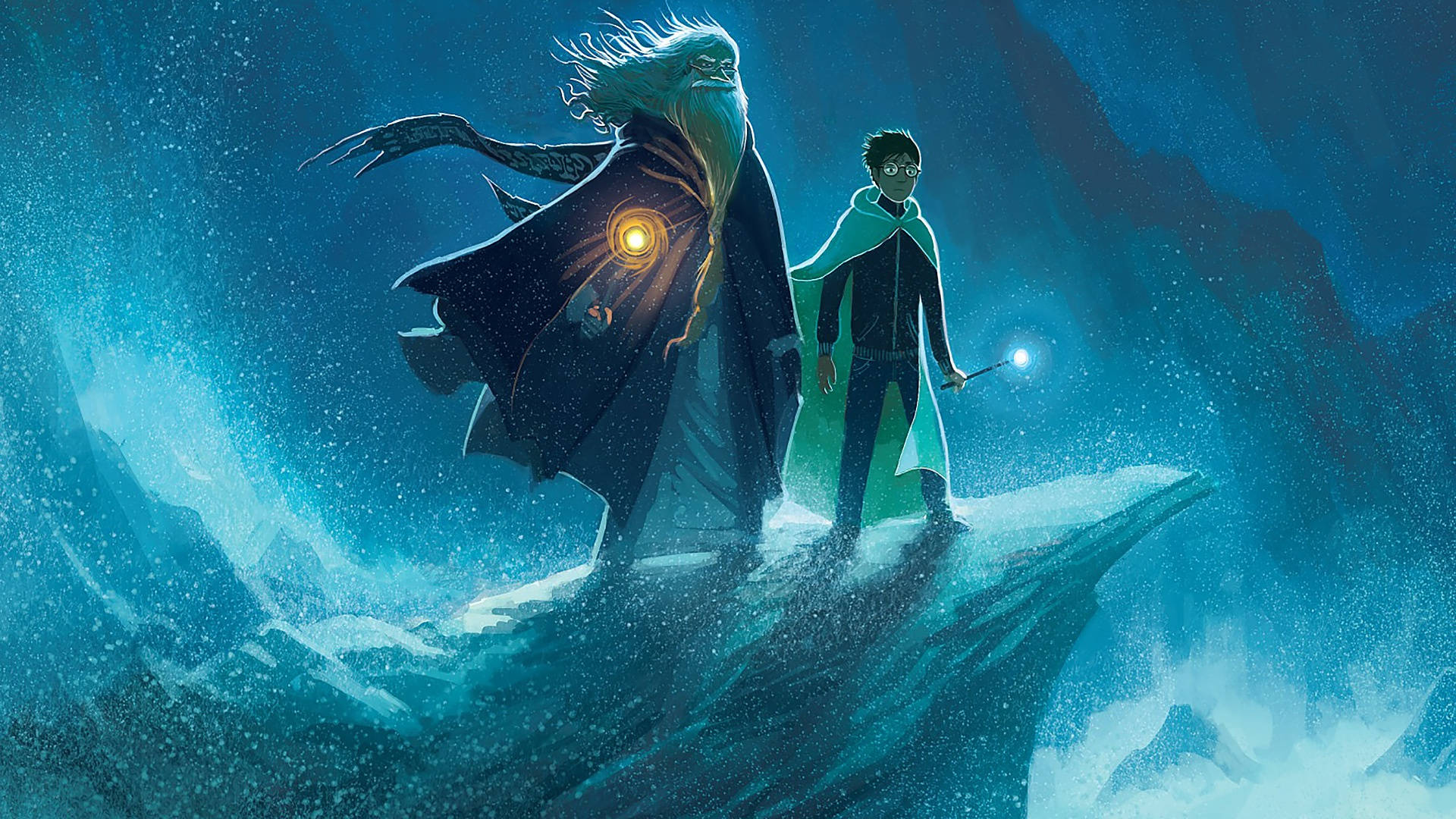 Albus Dumbledore, snowy cliff, night, Full HD Desktop Wallpaper