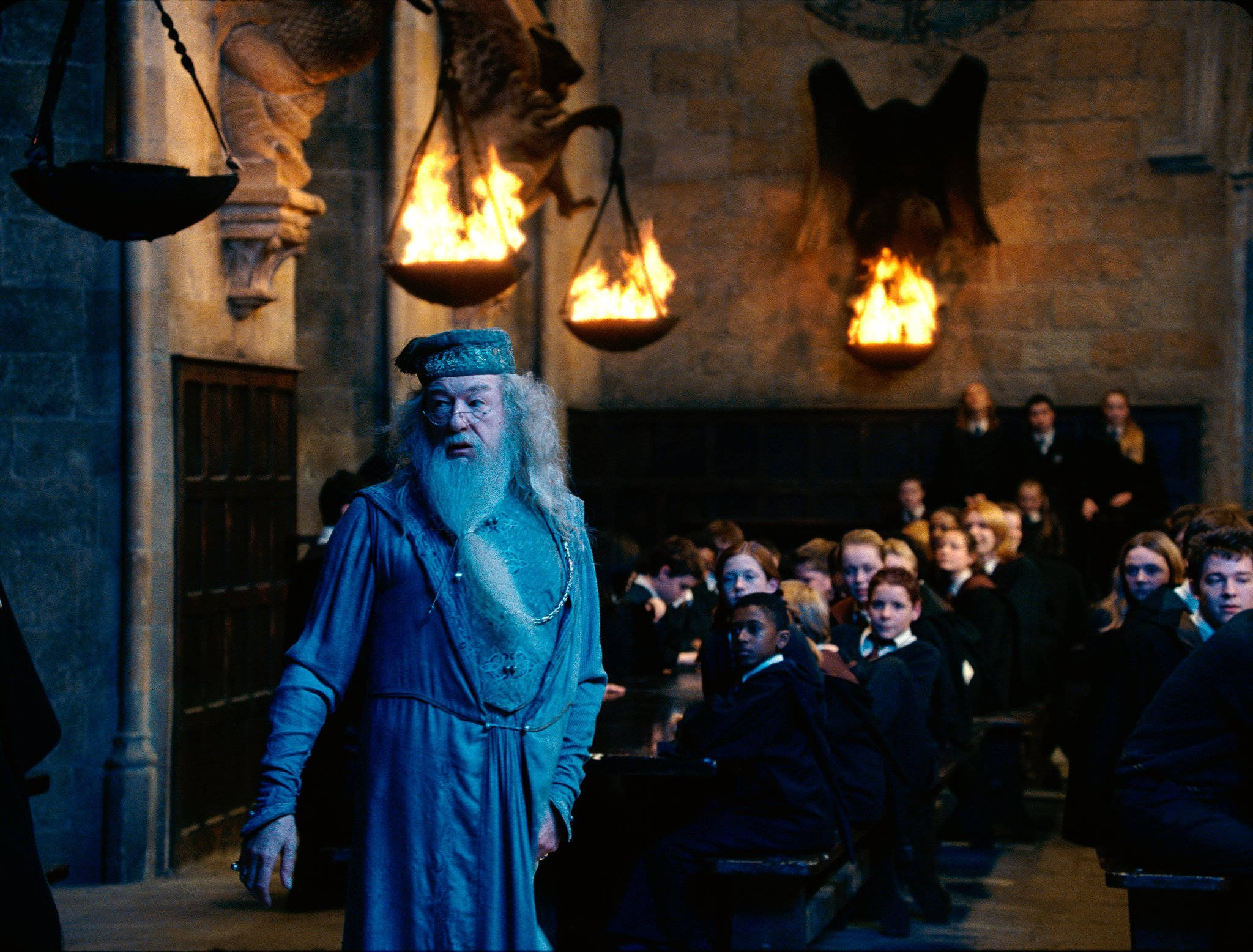 Albus Dumbledore, turquoise outfit, grand stone hall, Full HD Desktop Wallpaper