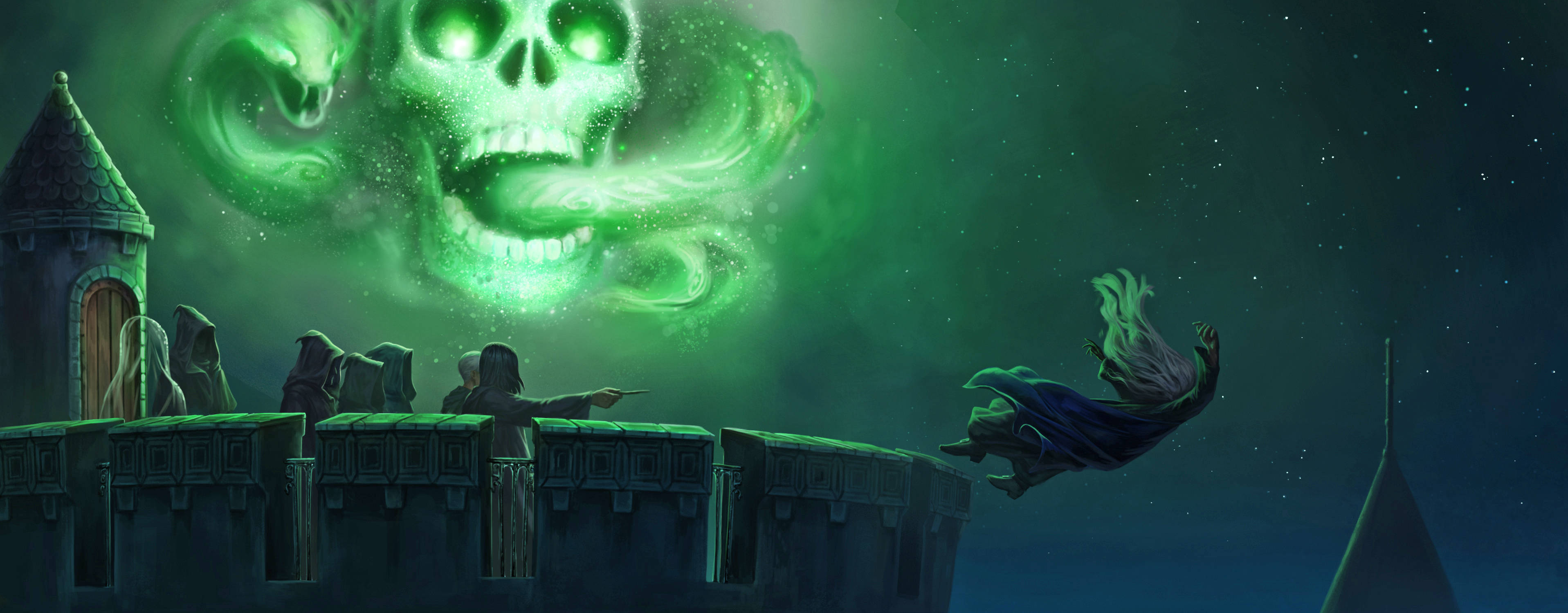 Albus Dumbledore, giant glowing green skull, castle, 2K Desktop Wallpaper