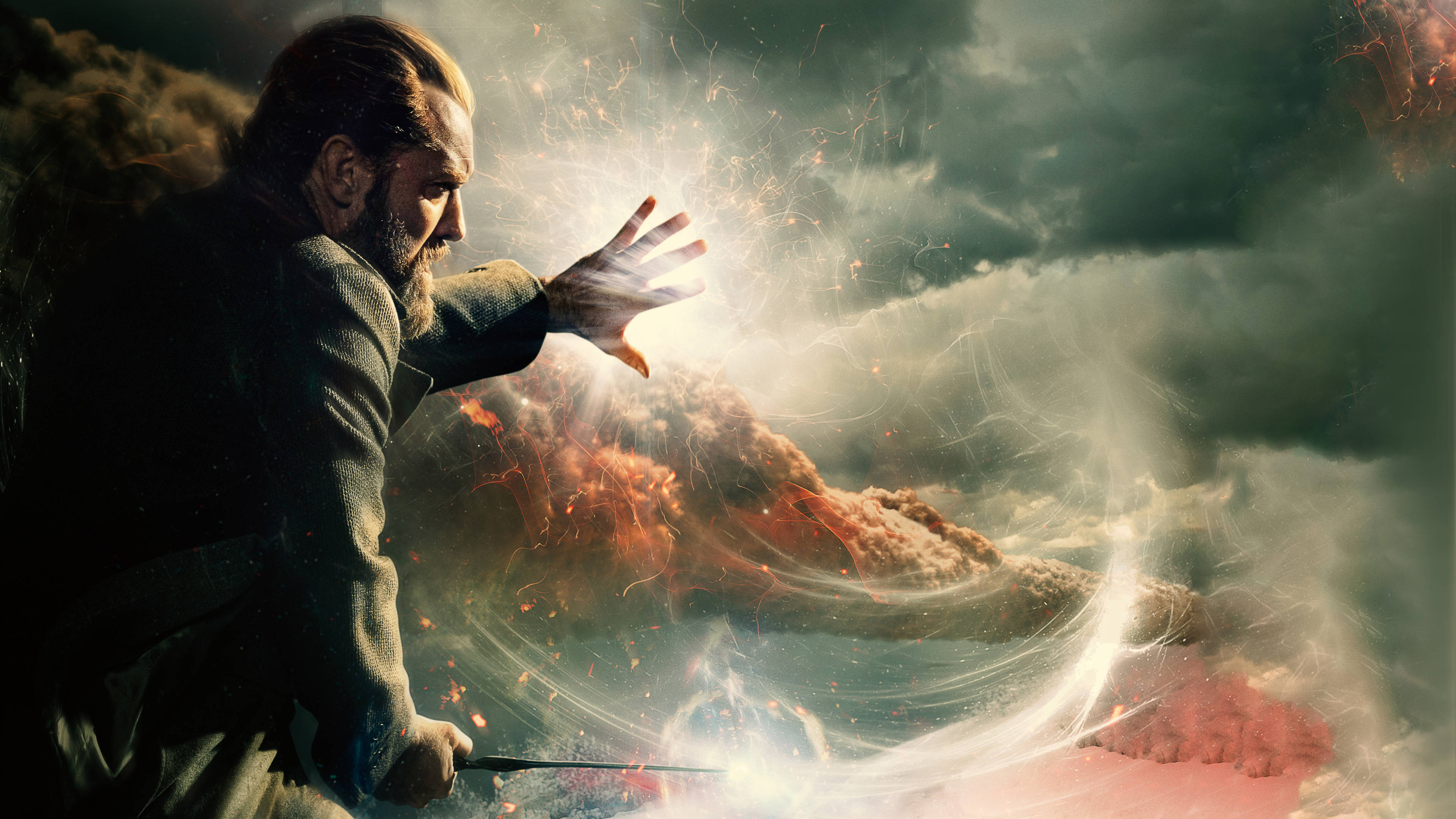 Albus Dumbledore, magic wand, stormy sky, 4K Desktop Wallpaper