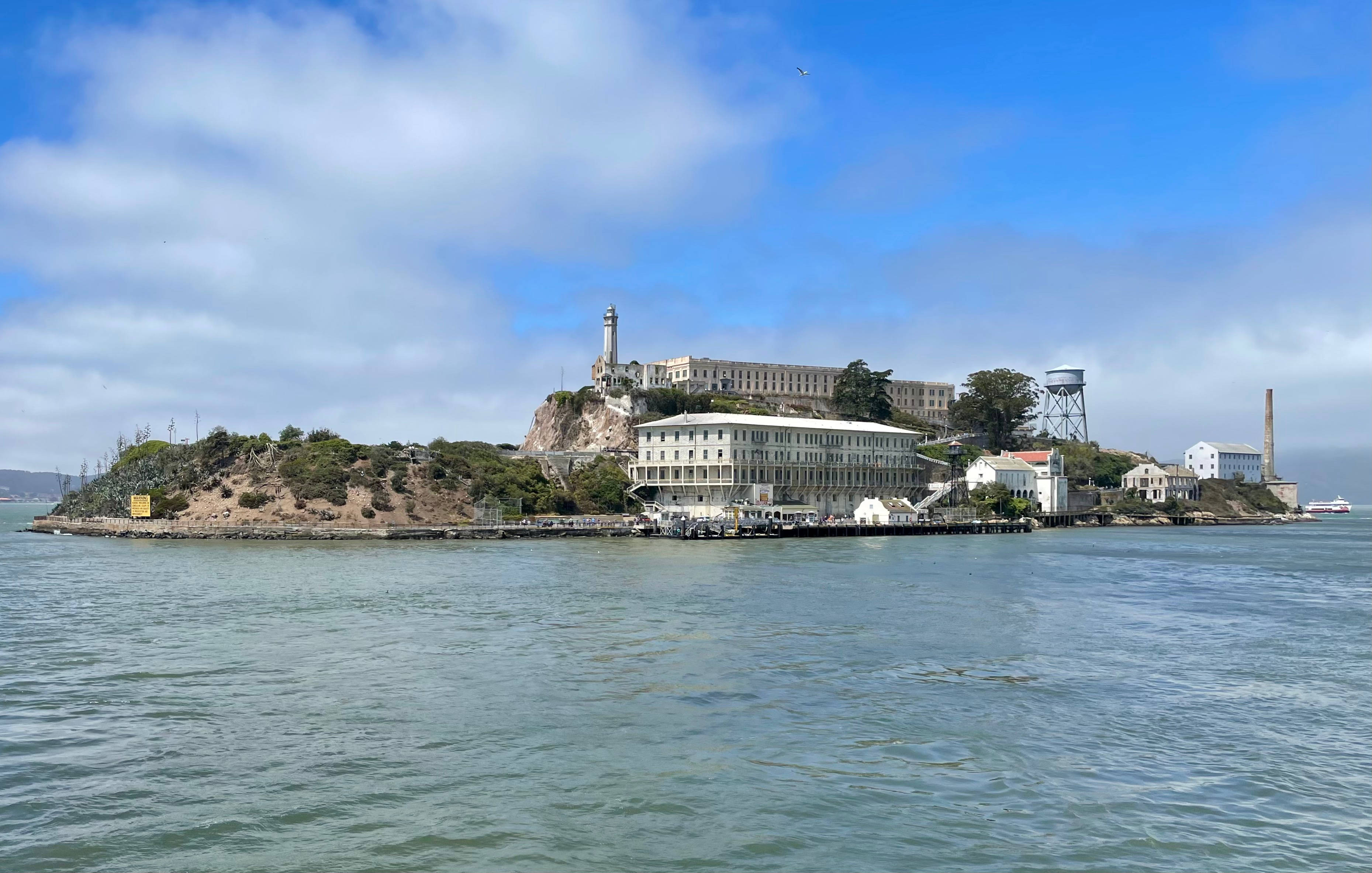 Alcatraz Island, historic prison buildings, rocky outcrop, 2K Desktop Wallpaper