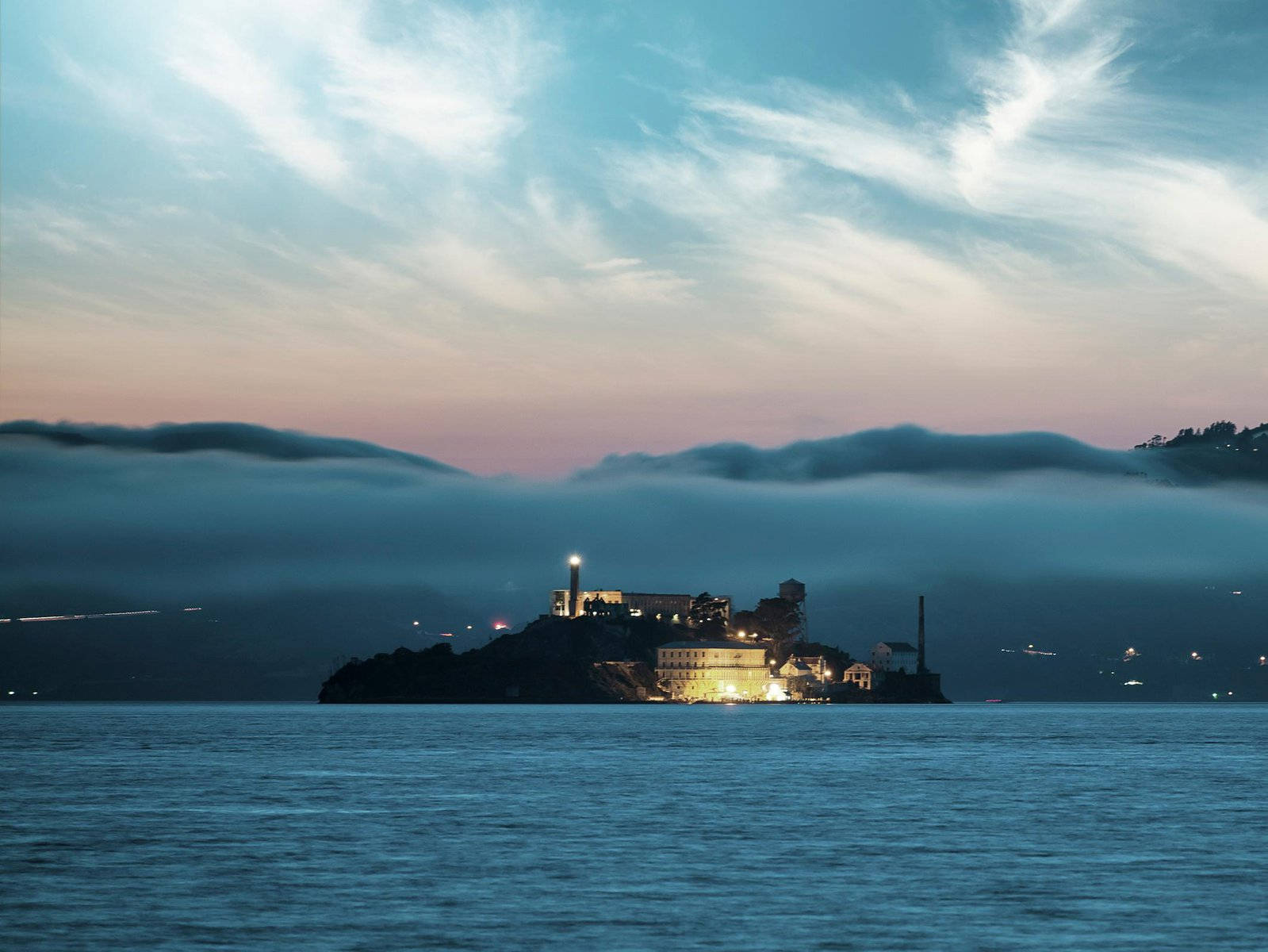 Alcatraz Island, twilight sky, mist, HD Desktop Wallpaper