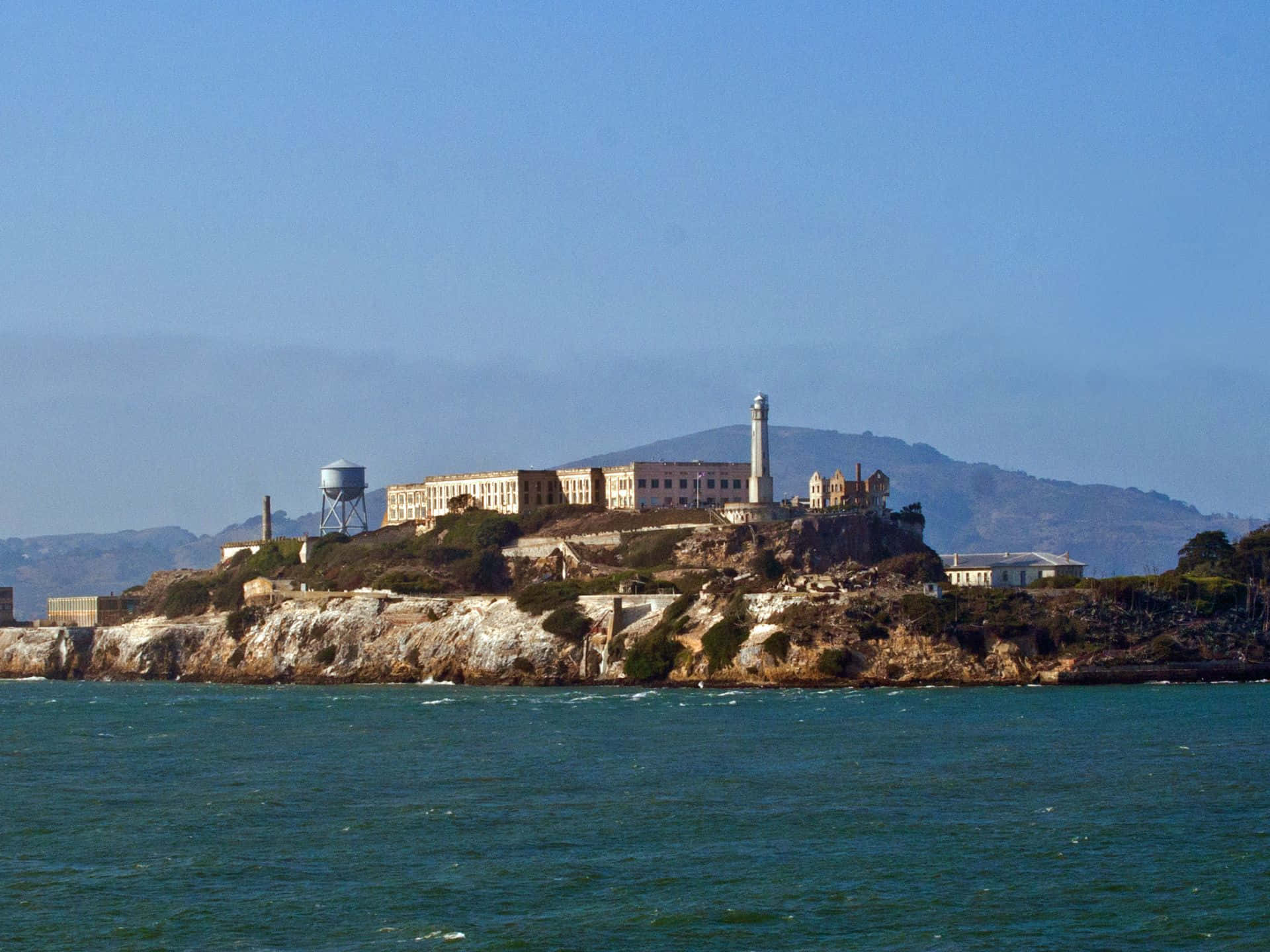 Alcatraz Island, prison complex, blue sky, Full HD Desktop Wallpaper