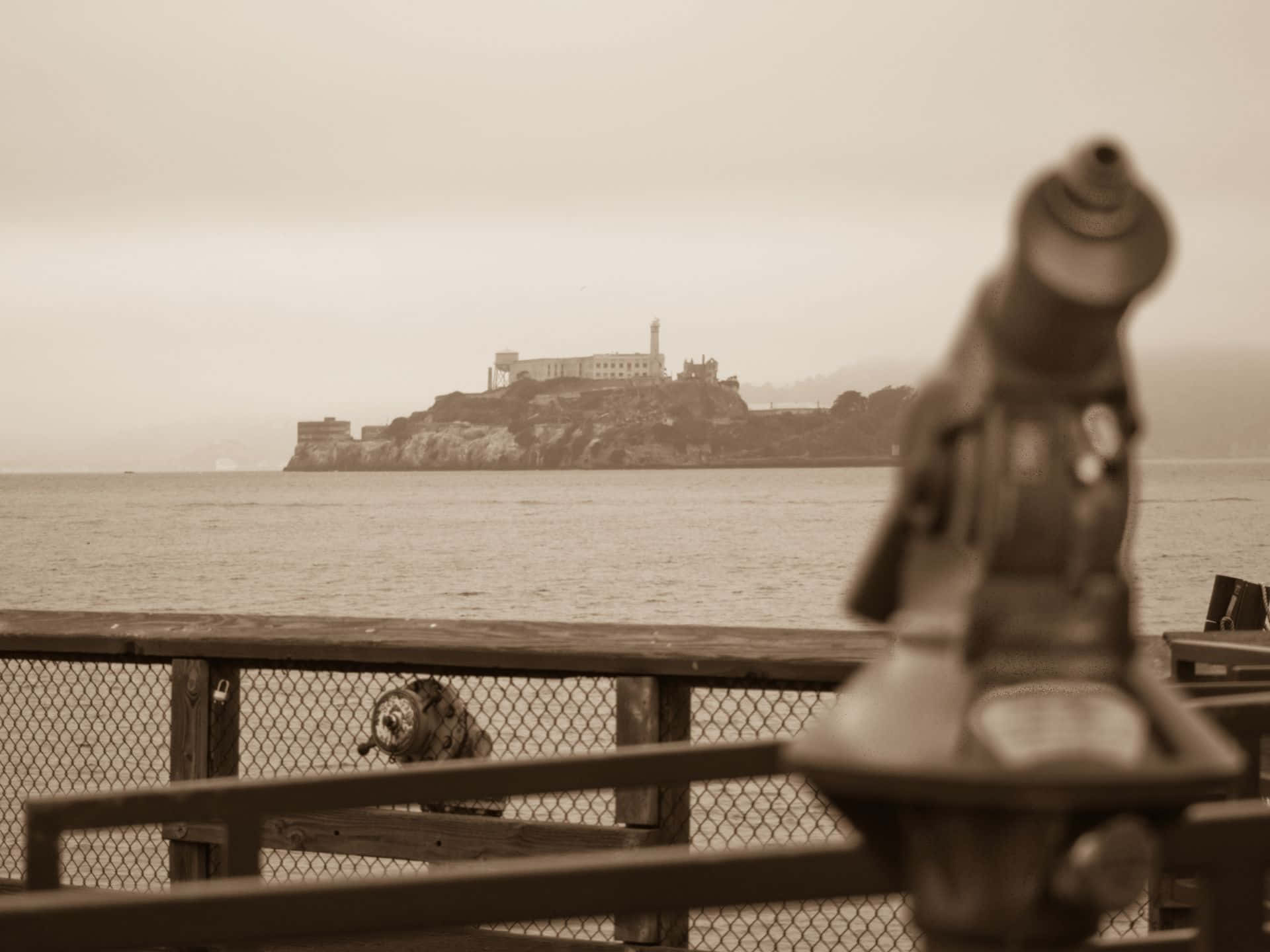 Alcatraz Island, pier, sepia tone, Full HD Desktop Wallpaper