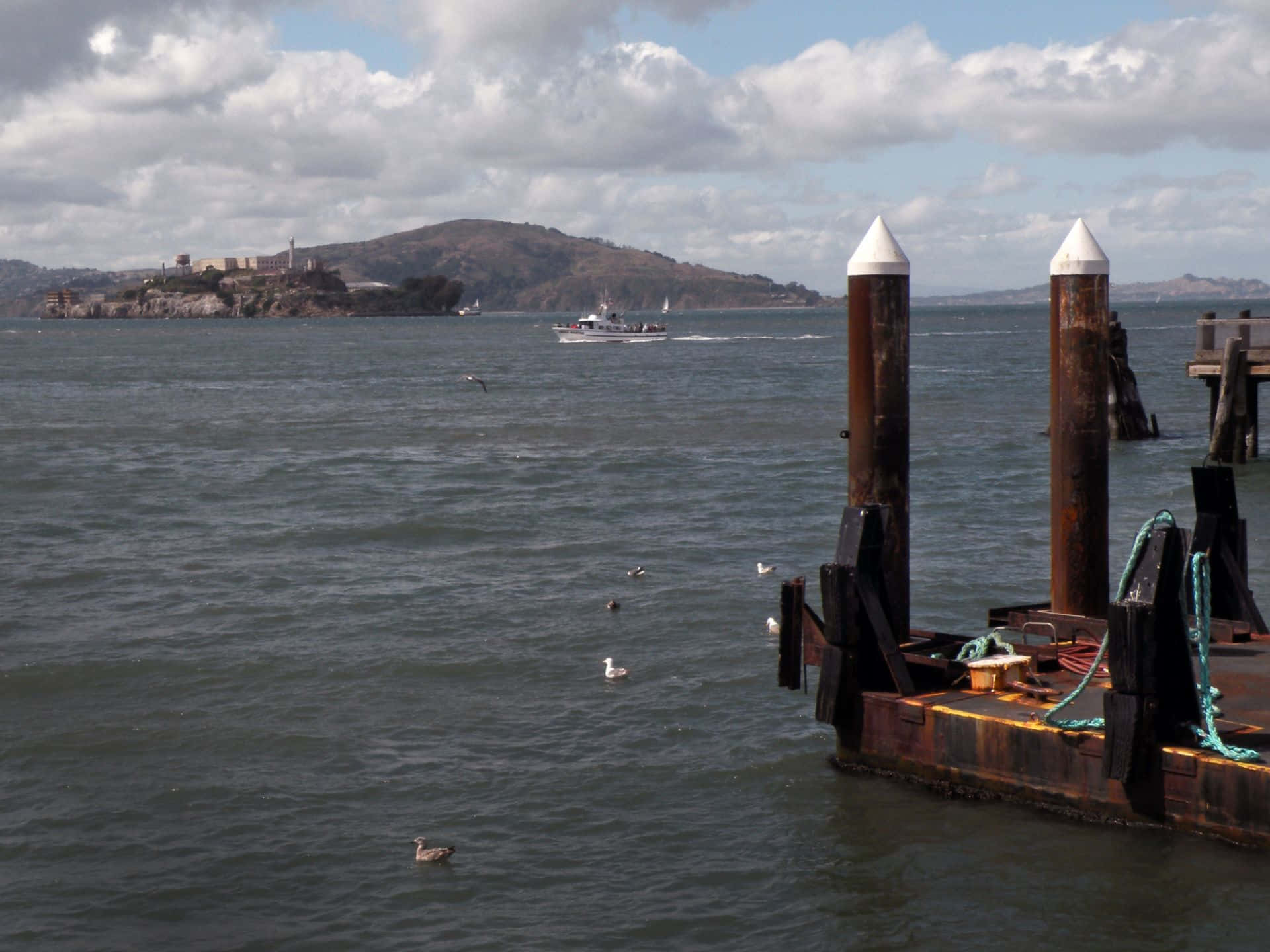Alcatraz Island, pier, choppy bay waters, Full HD Desktop Wallpaper