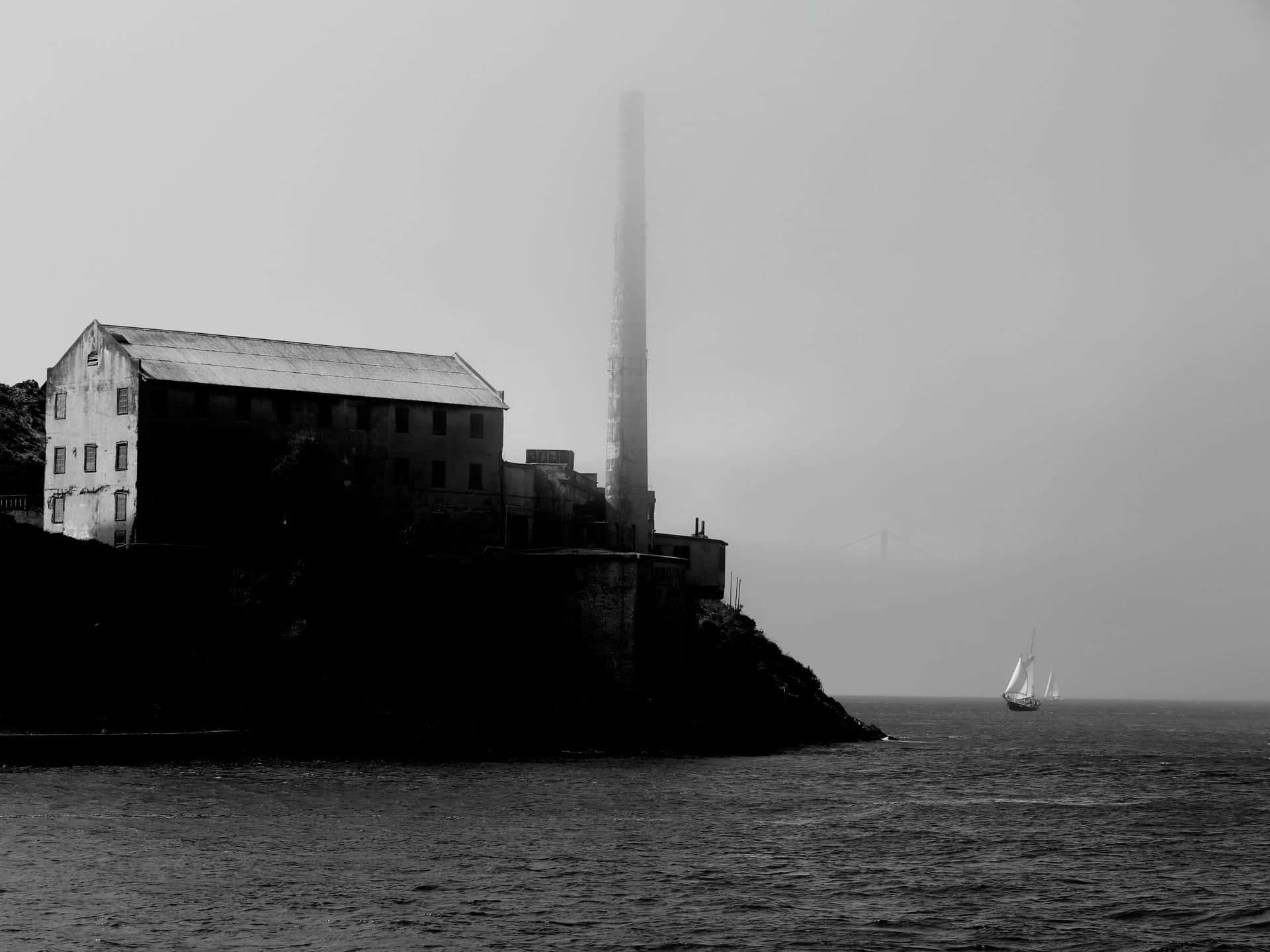 Alcatraz Island, foggy industrial waterfront, tall chimney, Full HD Desktop Wallpaper