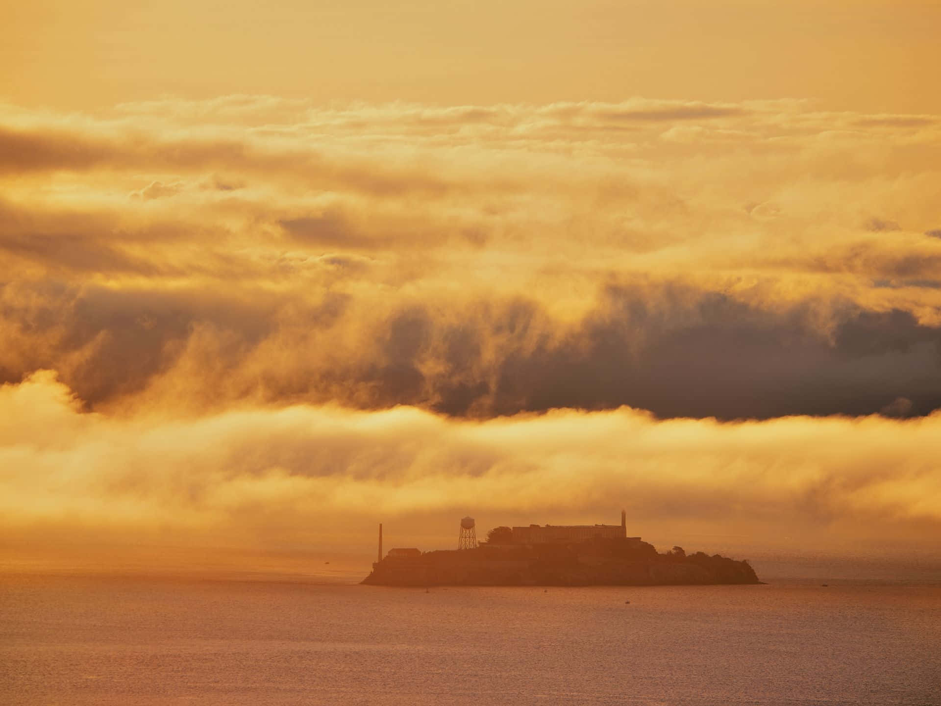 Alcatraz Island, sunset, golden sunset sky, Full HD Desktop Wallpaper