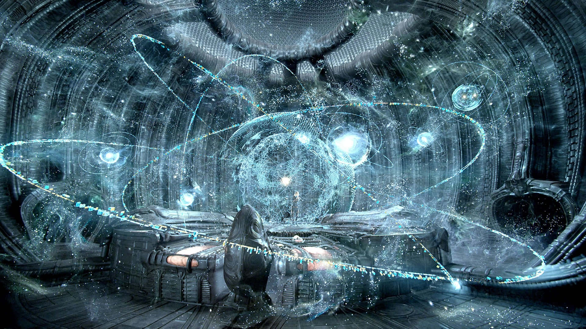 Alchemy, futuristic cockpit, swirling cosmic energy, Full HD Desktop Wallpaper
