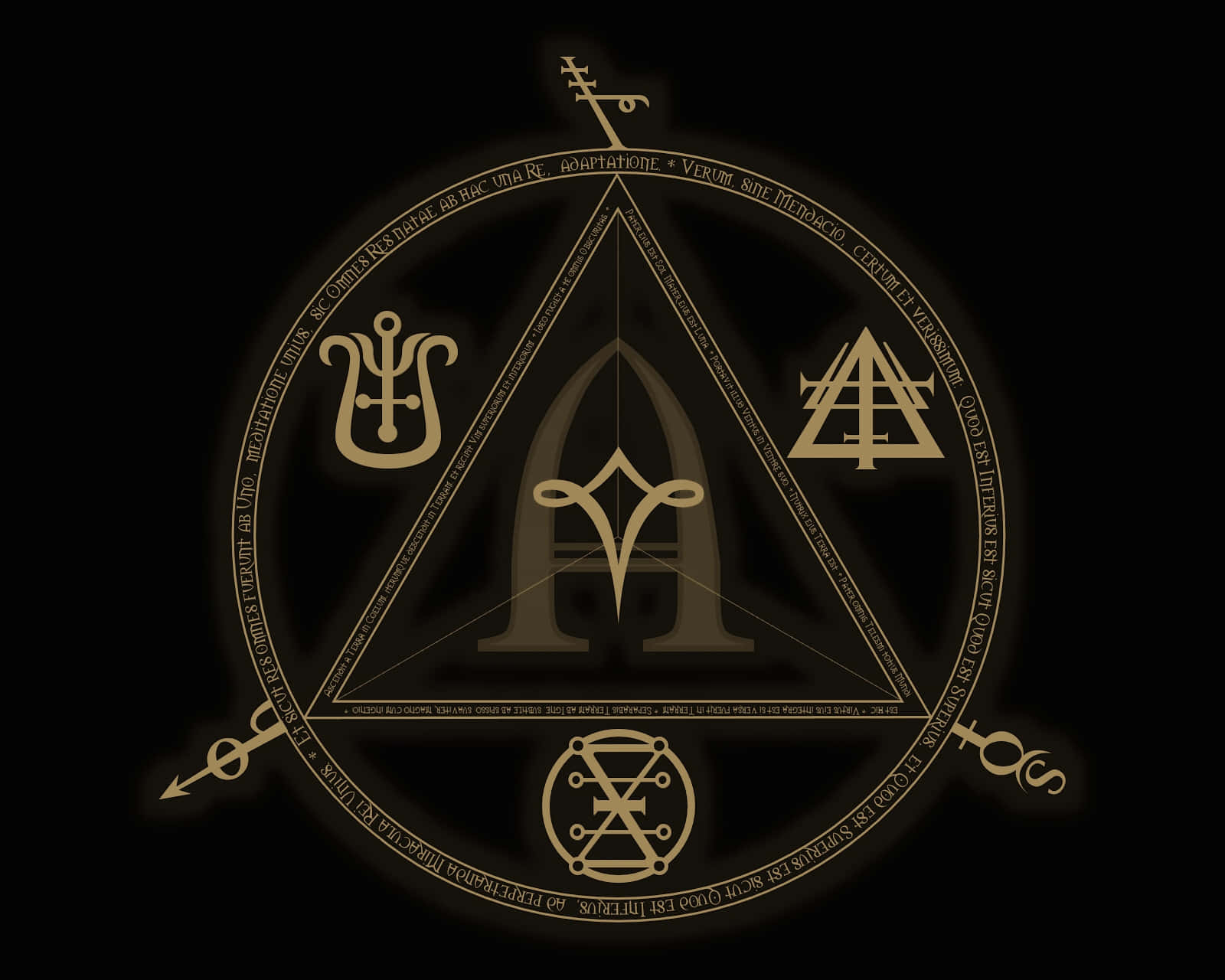 Alchemy, golden mystical sigil, Latin text, HD Desktop Wallpaper