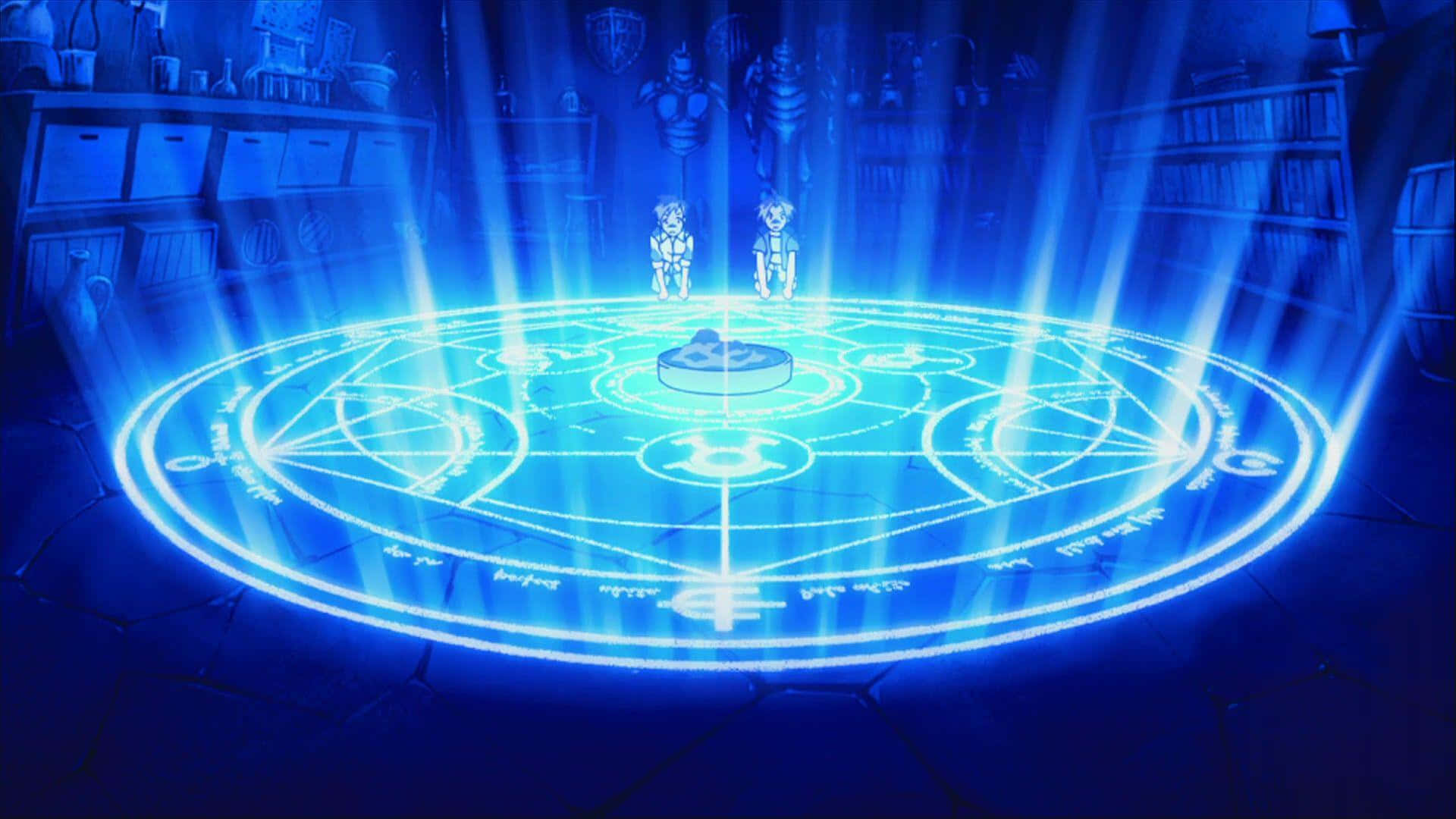 Alchemy, glowing blue magical circle, dimly lit library, Full HD Desktop Wallpaper