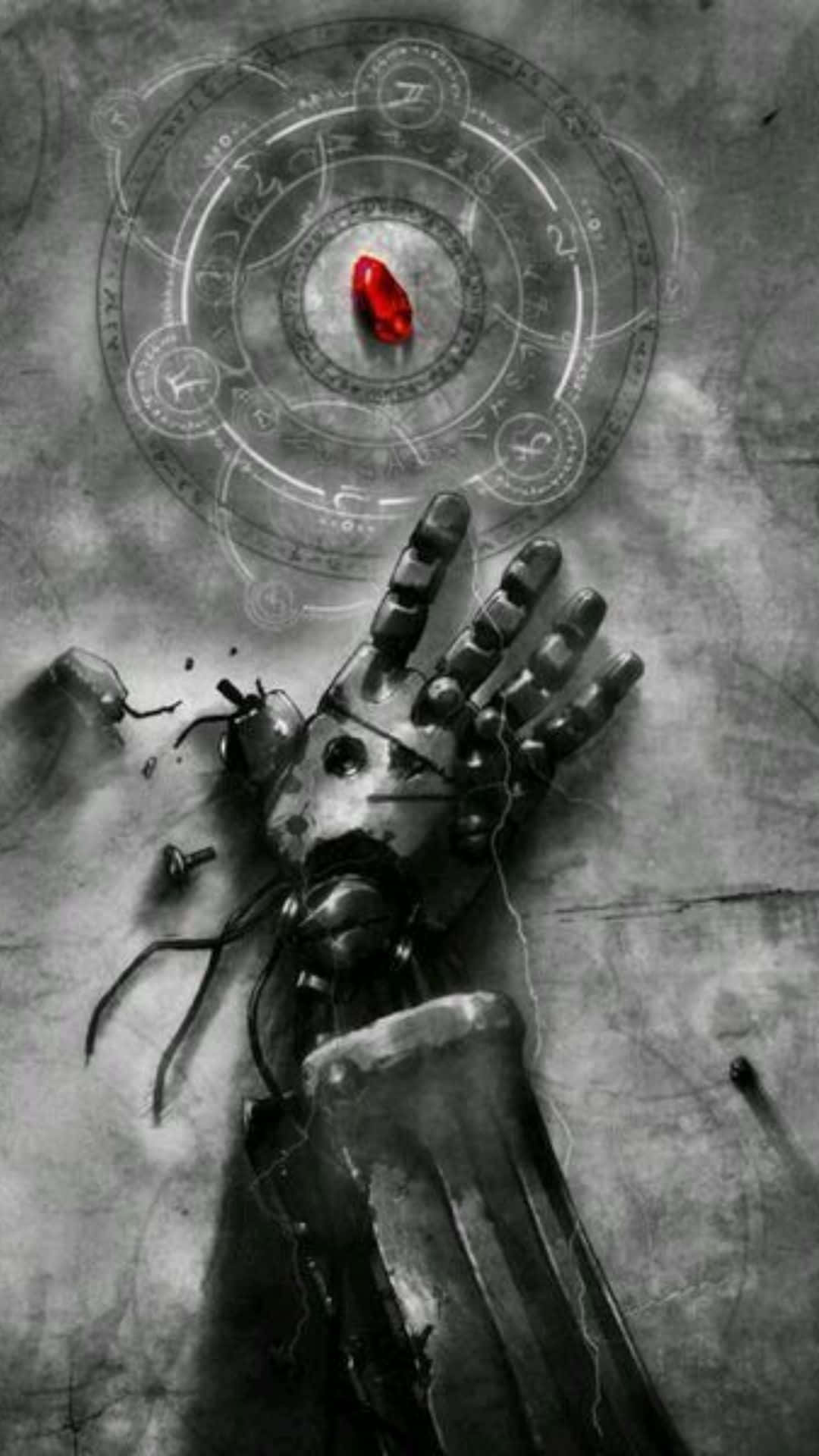 Ancient Alchemy Symbols, mechanical hand, glowing red gem, Full HD Phone Wallpaper