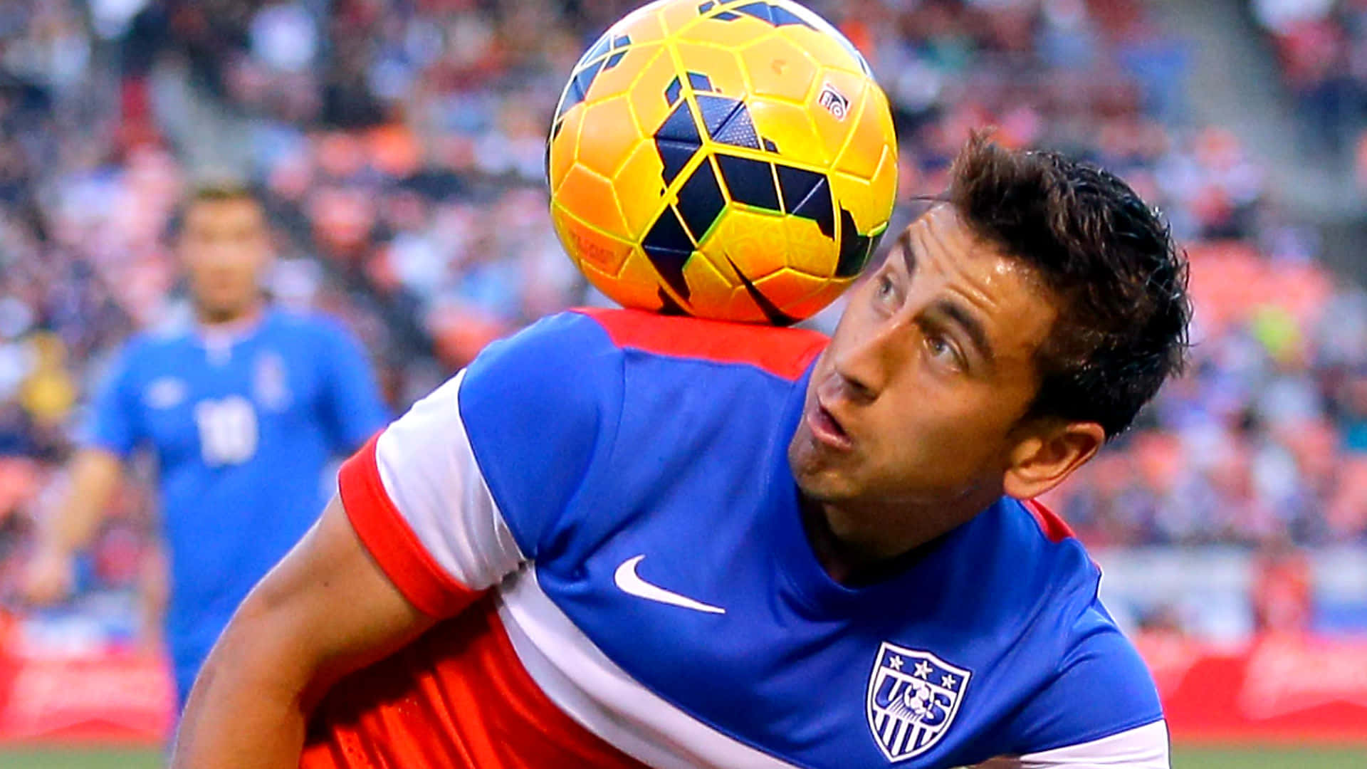 Alejandro Bedoya, blue red and white jersey, bright yellow and black soccer ball, Full HD Desktop Wallpaper