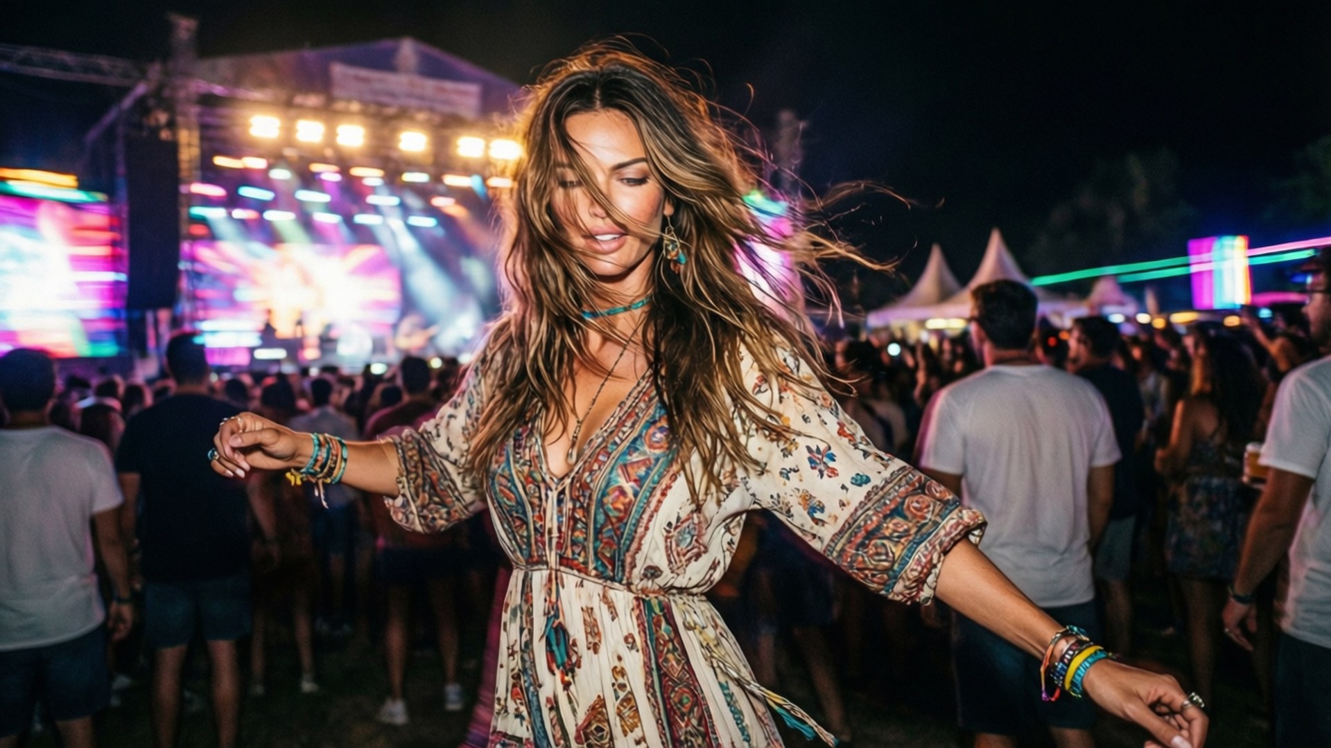 Alessandra Ambrosio, festival, colorful lights, Full HD Desktop Wallpaper