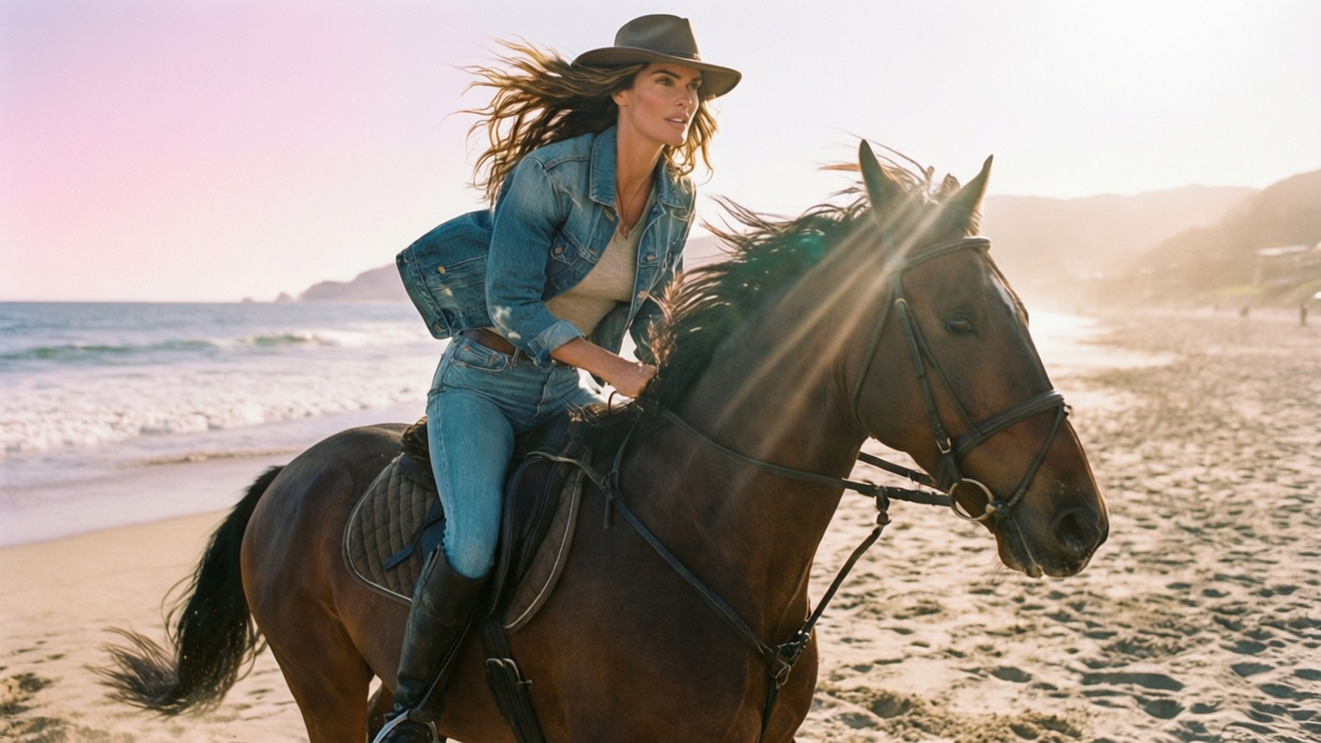 Alessandra Ambrosio, beach, horseback riding, Full HD Desktop Wallpaper