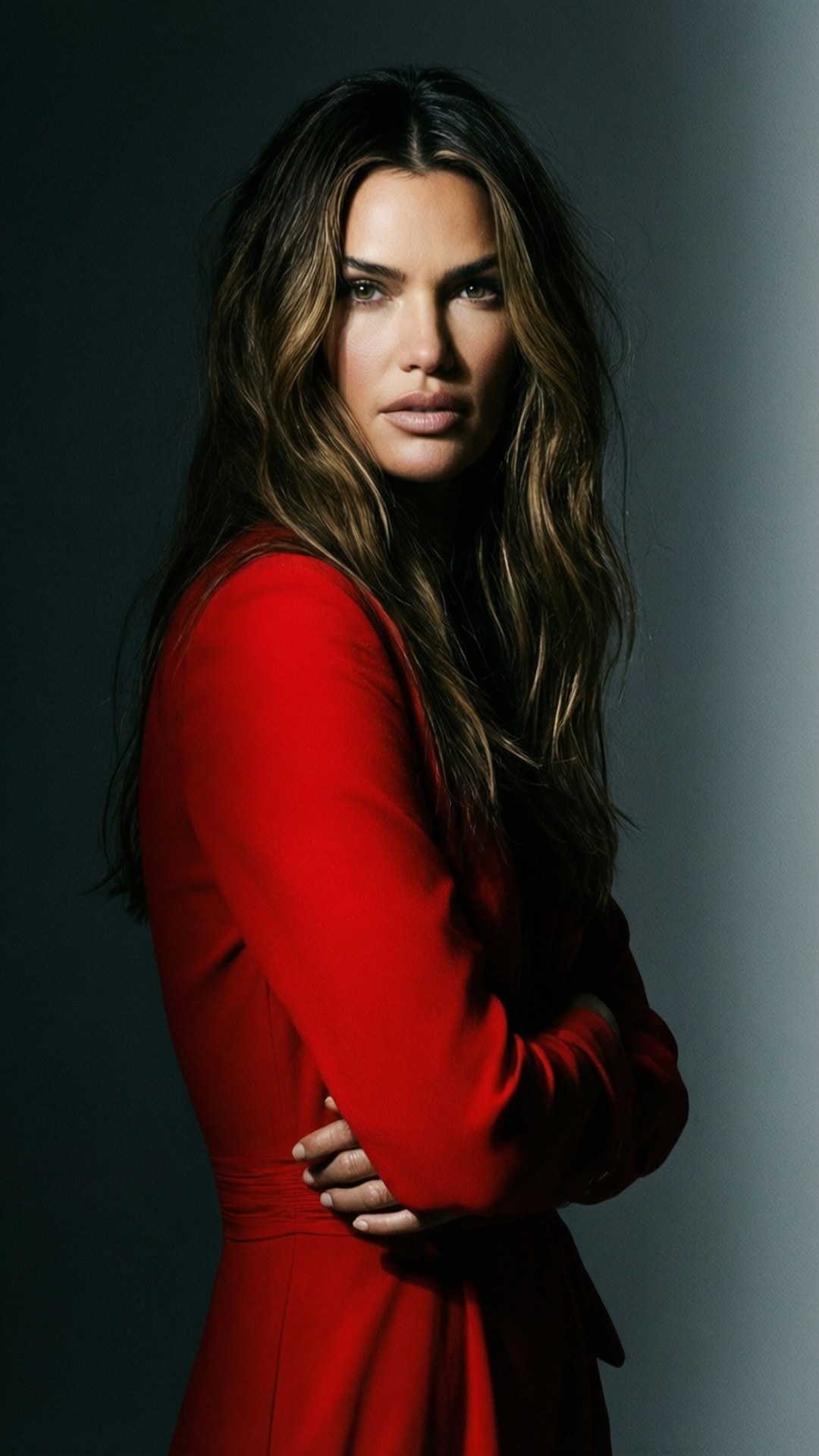 Alessandra Ambrosio, red dress, dramatic studio lighting, Full HD Phone Wallpaper