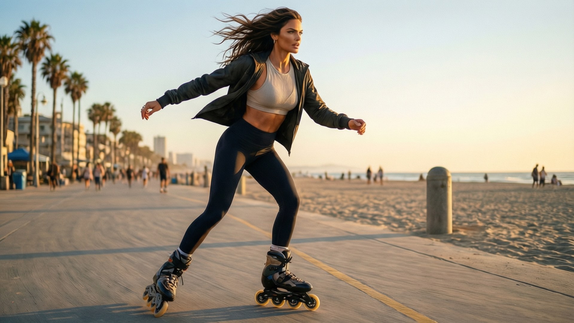 Alessandra Ambrosio, beach boardwalk, golden hour, Full HD Desktop Wallpaper