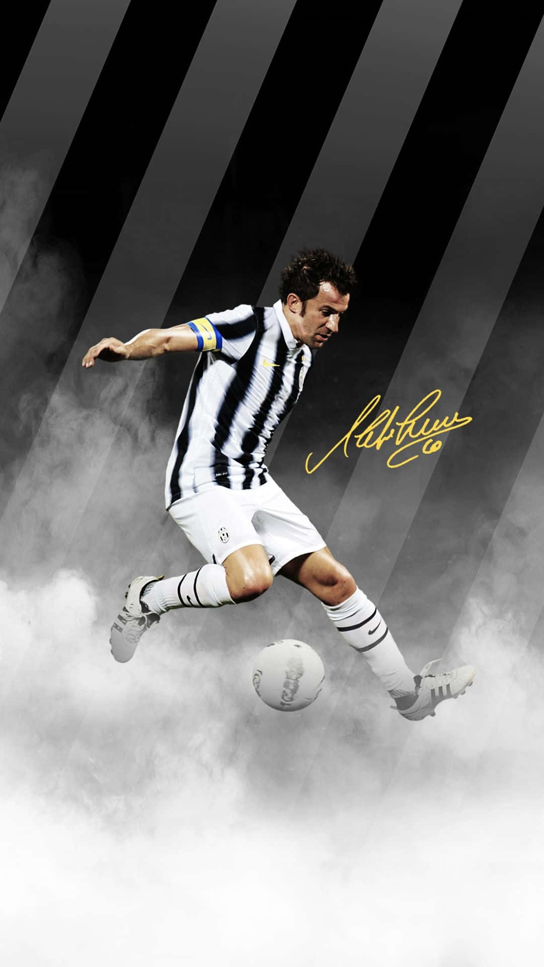 Alessandro Del Piero, black and white striped jersey, smoky background, Full HD Phone Wallpaper