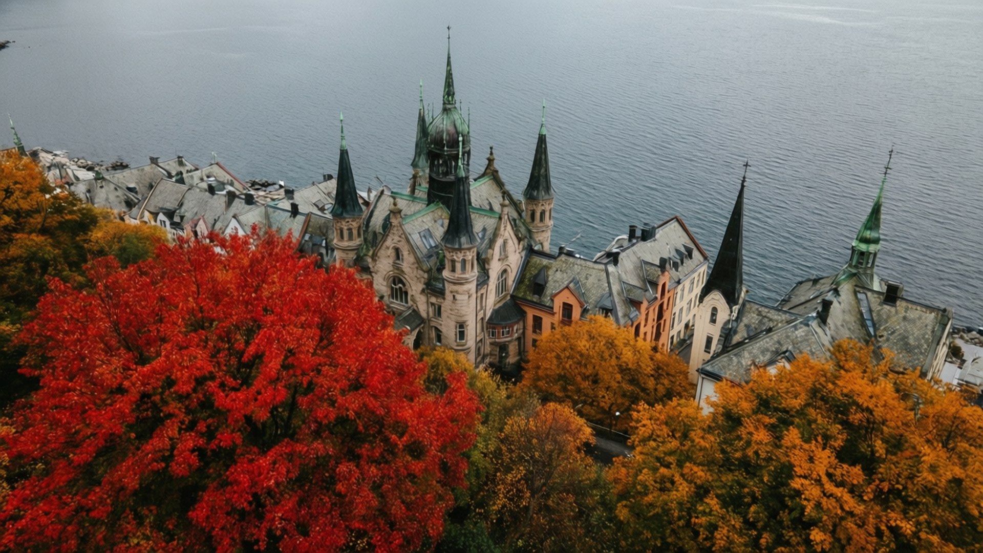 Ålesund, autumn colors, aerial view, Full HD Desktop Wallpaper
